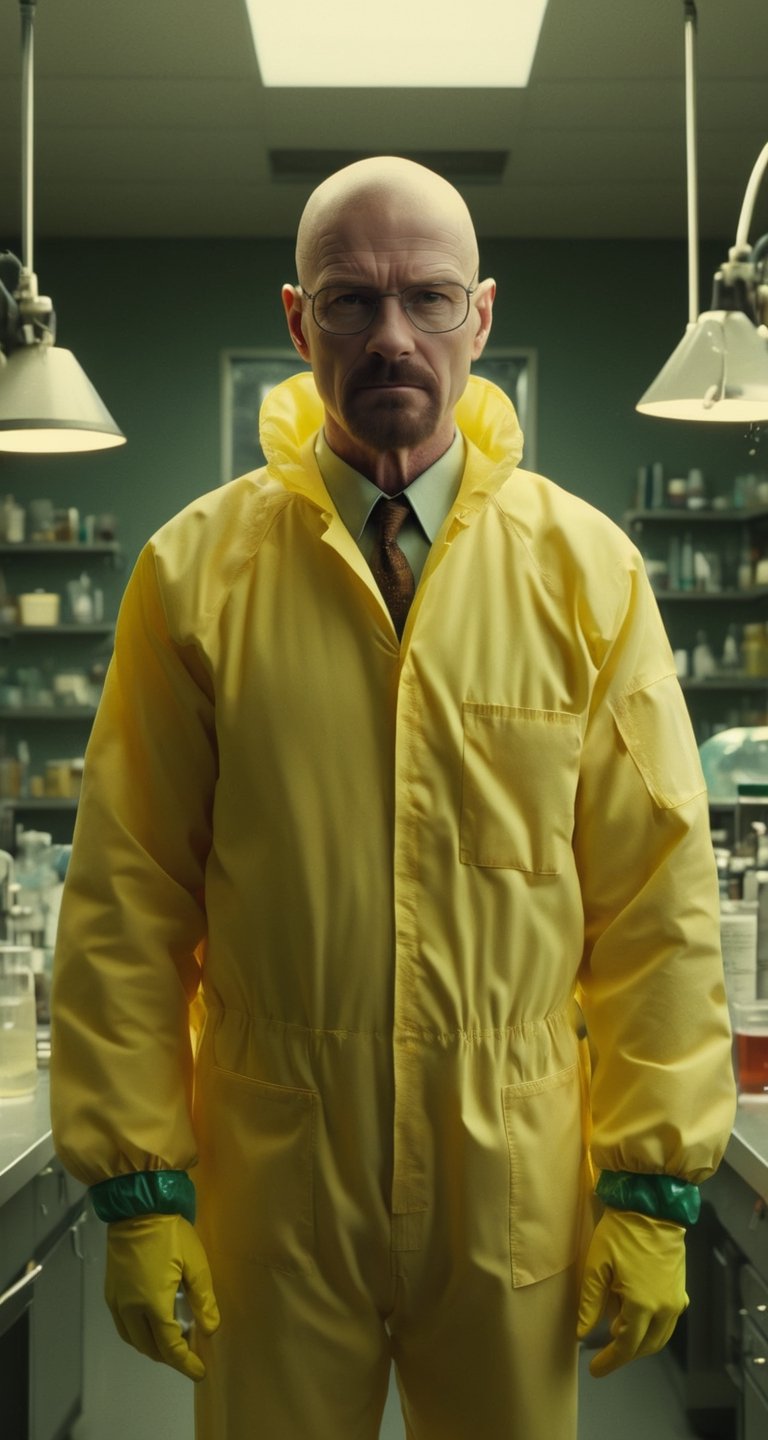 50 yo man, walter white, breaking bad, in a yellow lab suit, in his chemistry lab, fantasy, cinematic