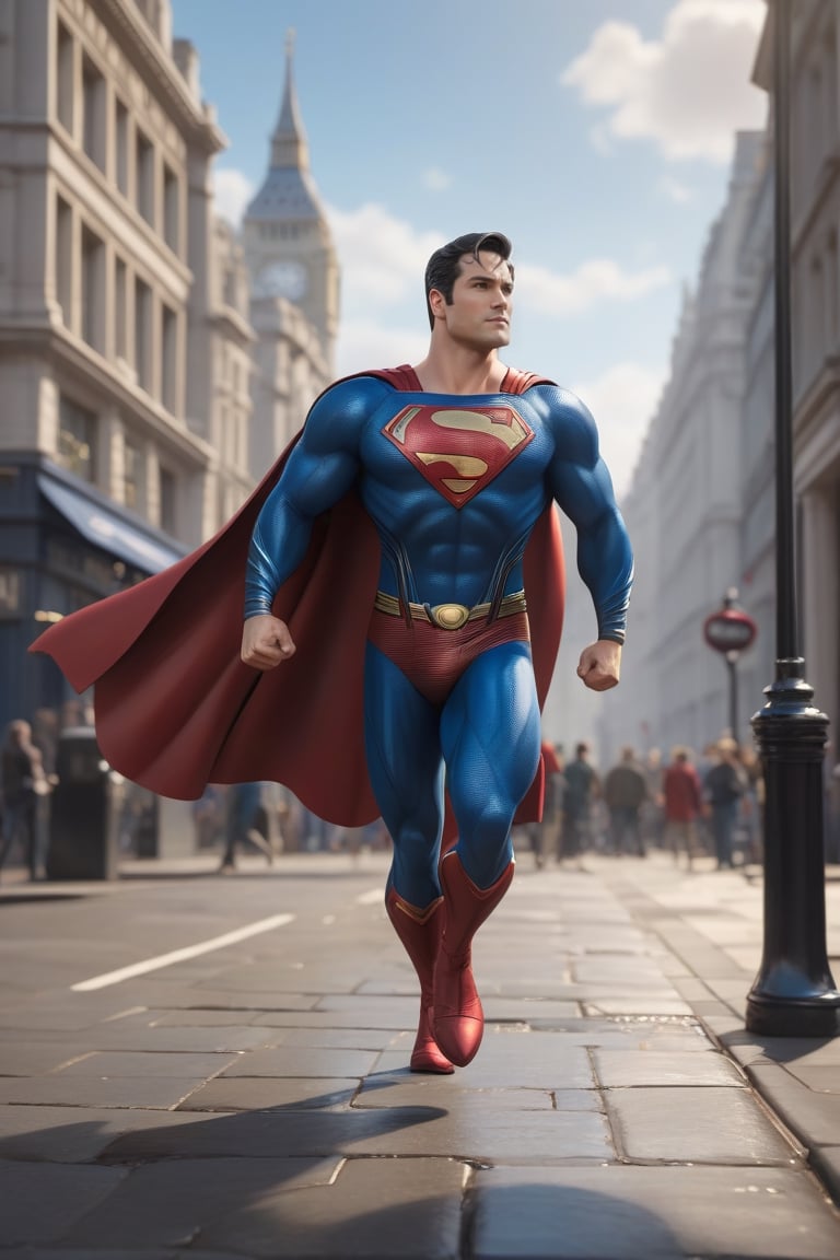 Pixar-style full-length caricature of a mischievous Superman in a dynamic pose on a bustling London street, created by Greg Rutkowski with sharp focus, depth of field, perfect composition and intricate details. , trending on ArtStation and featured on Pixiv Fanbox, digital art, 8K HDR, ultra-realistic, with the feeling