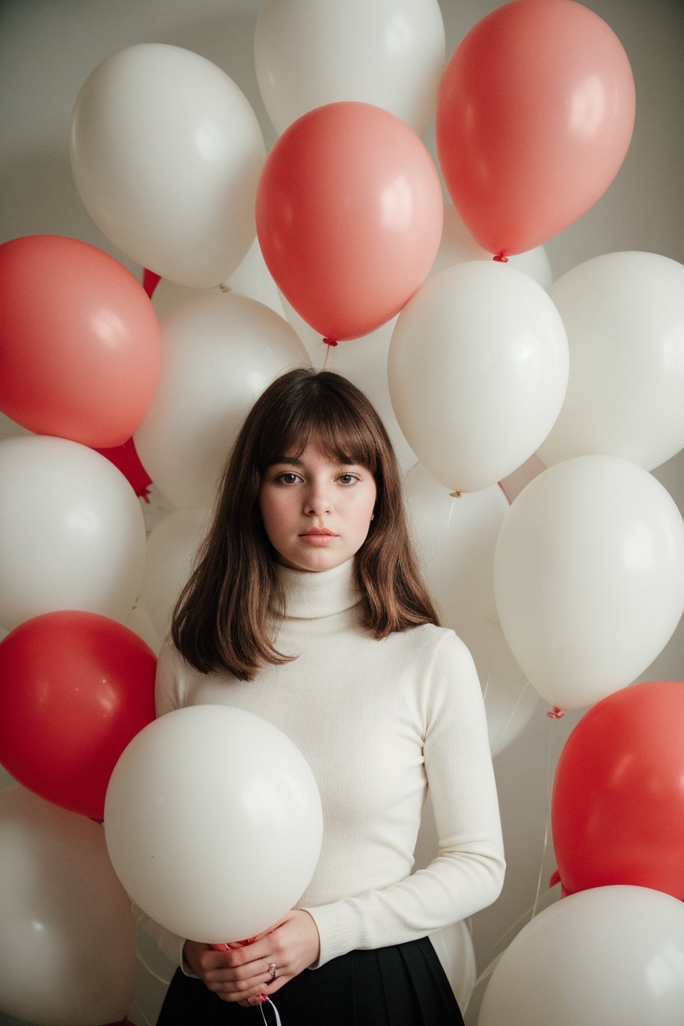 fashion portrait photo of beautiful young woman from the 60s wearing a red turtleneck standing in the middle of a ton of white balloons, taken on a hasselblad medium format camera