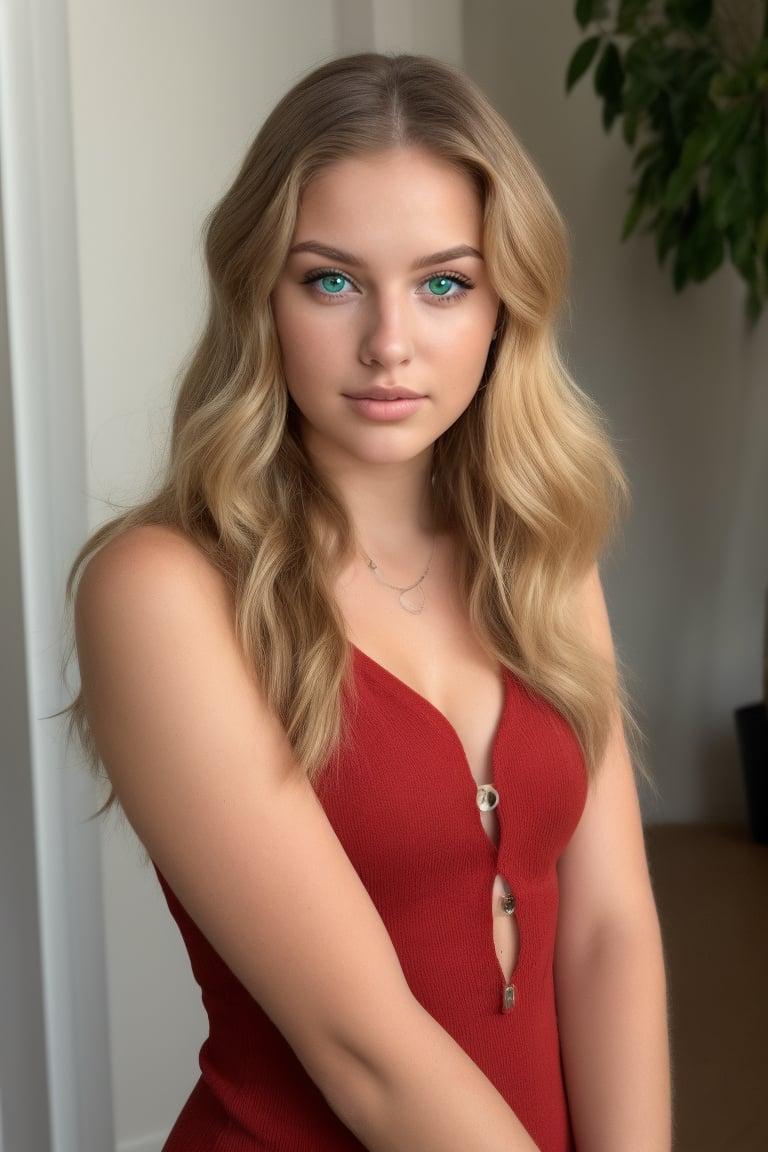 a young American woman, 23 years old, with wavy blonde hair. green eyes, wearing a short red dress, looking at the camera, full body photo
