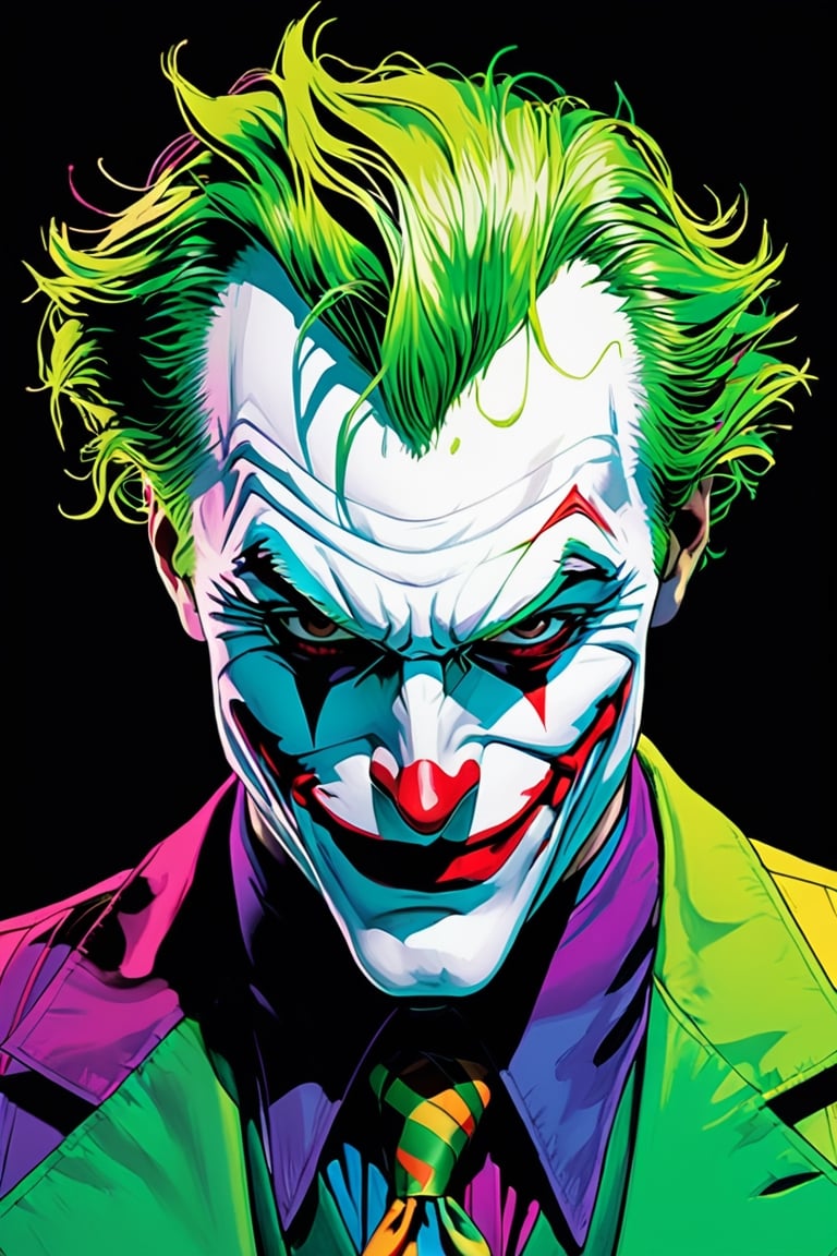 midshot, cel-shading style, centered image, ultra detailed illustration of The Joker, posing, ((Full Body)), (tetradic colors), ((inkpunk)), ((ink lines)), strong outlines, art by MSchiffer, bold traces, unframed, high contrast, cel-shaded, 4k resolution, best quality, (chromatic aberration:1.8)