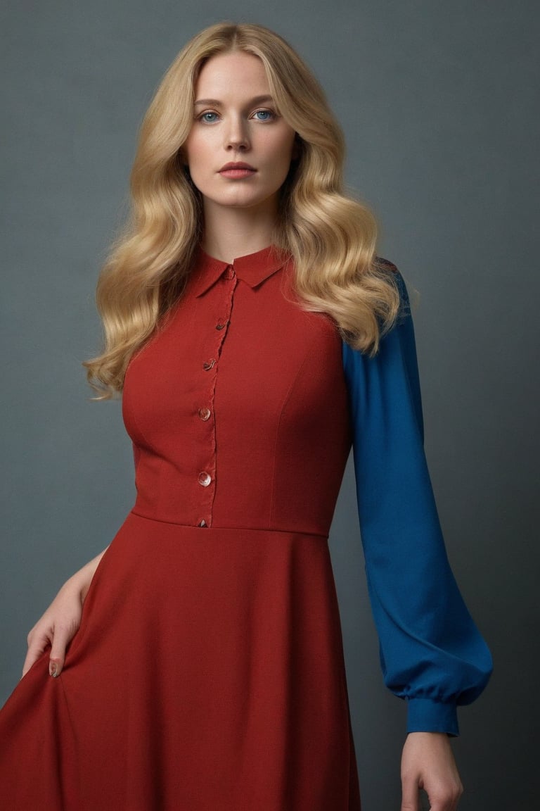 (((Iconic 1970s but extremely beautiful)))
(((Chiaroscuro colors background)))
(((long wavy blonde hair, blue eyes, defined jawline)))
(((wearing red dress and high heels)))
(((Symmetrical,masterpiece,
minimalist,hyperrealistic,
photorealistic)))
(((View zoom,view detailed, full body shot)))
(((By caravaggio style,by Wes Anderson style)))