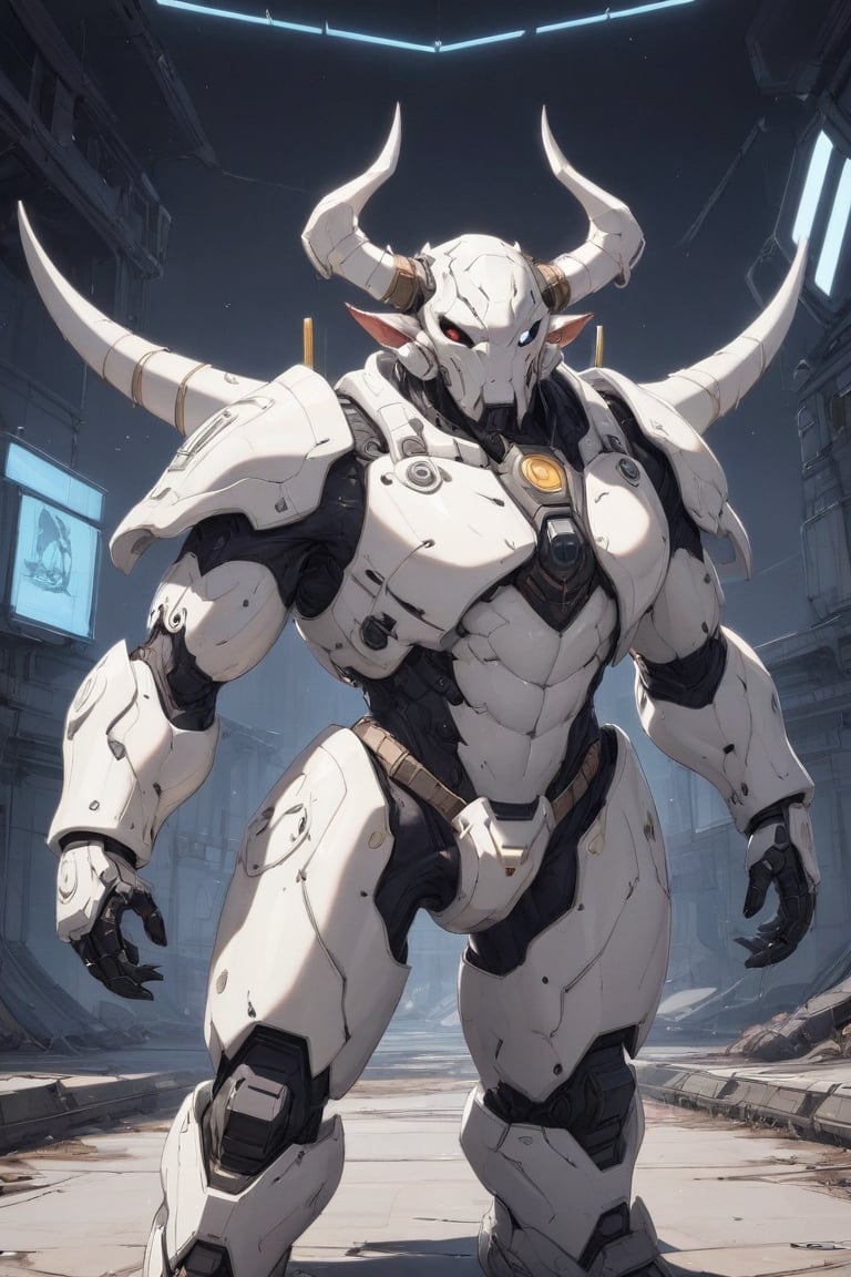 a cow wearing a cyborg armor, big horns, volumetric lighting, spacestation in the background