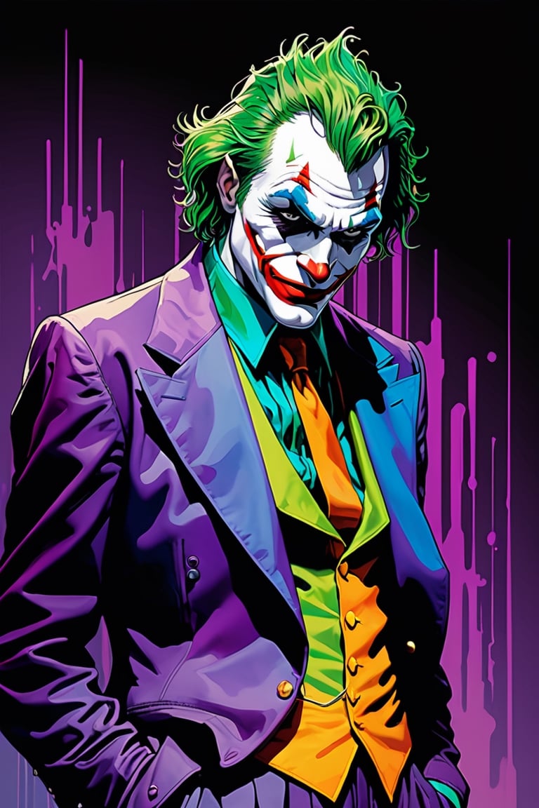 midshot, cel-shading style, centered image, ultra detailed illustration of The Joker, posing, ((Full Body)), (tetradic colors), ((inkpunk)), ((ink lines)), strong outlines, art by MSchiffer, bold traces, unframed, high contrast, cel-shaded, 4k resolution, best quality, (chromatic aberration:1.8)