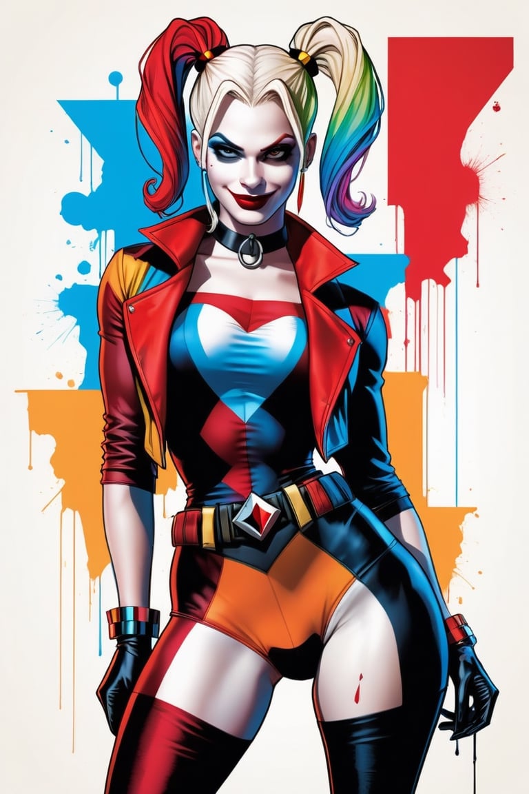 midshot, cel-shading style, centered image, ultra detailed illustration of Harley Quinn, posing, ((Full Body)), (tetradic colors), inkpunk, ink lines, strong outlines, art by MSchiffer, bold traces, unframed, high contrast, cel-shaded, vector, 32k resolution, best quality, (chromatic aberration:1.8)