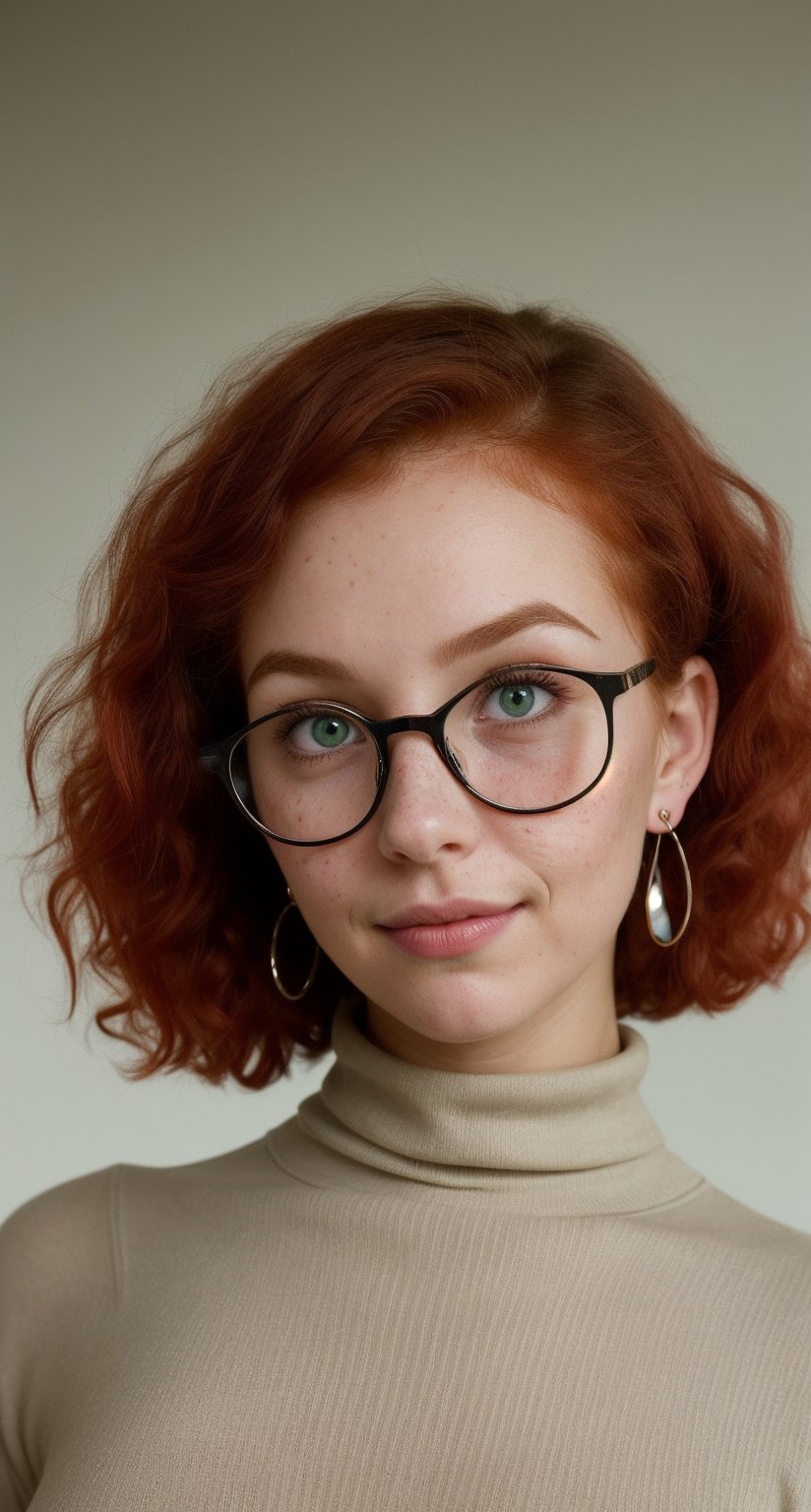 A young woman with striking red hair and piercing green eyes looks directly at the viewer from a slight angle. Her short, curly locks are framed by bangs that sweep across her forehead. A delicate necklace glimmers around her neck, complementing the earrings that adorn her lobes. She wears a black sweater with a turtleneck, cinched at the waist by a small bag slung over her shoulder. Her parted lips curve into a subtle smile, and her glasses perched on the end of her nose add to her charm. Freckles scatter across her cheeks, giving her a whimsical touch.