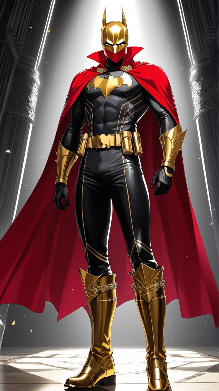 Hyper-Detailed Anime of The Golden Bat \(黄金バット\),solo,1boy, weapon,male focus,boots,sword,cape,mask,parody,skull face,gold colored face and body,black and red cape,superhero,simple background,cluttered maximalism
BREAK
(rule of thirds:1.3),(thick drawing lines:1.2),perfect composition,studio photo,trending on artstation,(Masterpiece,Best quality,32k,UHD,sharp focus,high contrast,HDR,hyper-detailed,intricate details,ultra-clear:1.3),(cinematic lighting),photo_b00ster, real_booster,art_booster,ani_booster