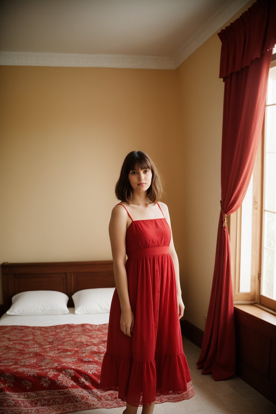 fashion portrait photo of beautiful 27 year old woman from wearing a red summer dress, standing in the middle of a beautiful greek style bedroom, she has curtain bangs hairstyle, taken on a hasselblad medium format camera