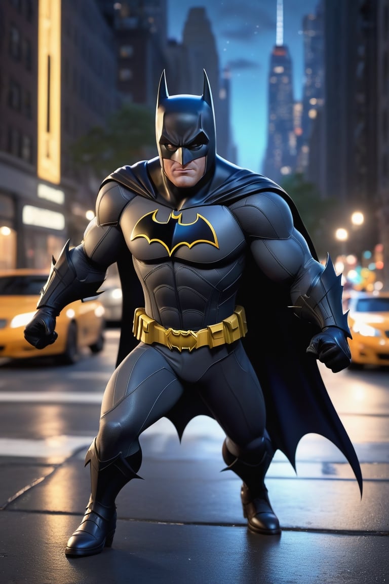 Pixar-style full-length caricature of a mischievous Batman in a dynamic pose on a New York city street, in the night, created by Greg Rutkowski with sharp focus, depth of field, perfect composition and intricate details. , trending on ArtStation and featured on Pixiv Fanbox, digital art, 8K HDR, ultra-realistic, with the feeling