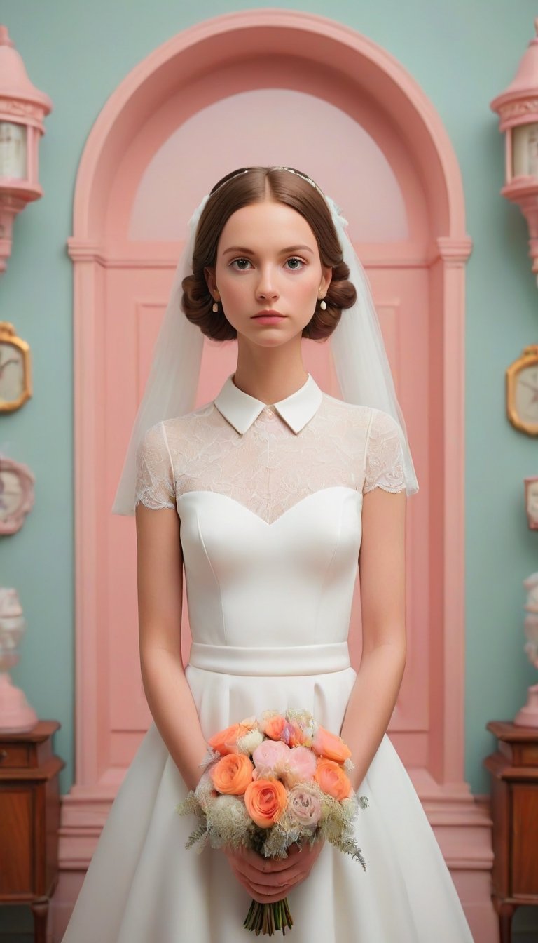 wes anderson inspired, a bride, symmetrical compositions, pastel colors, quirkly characters, deadpan humor, intricate set