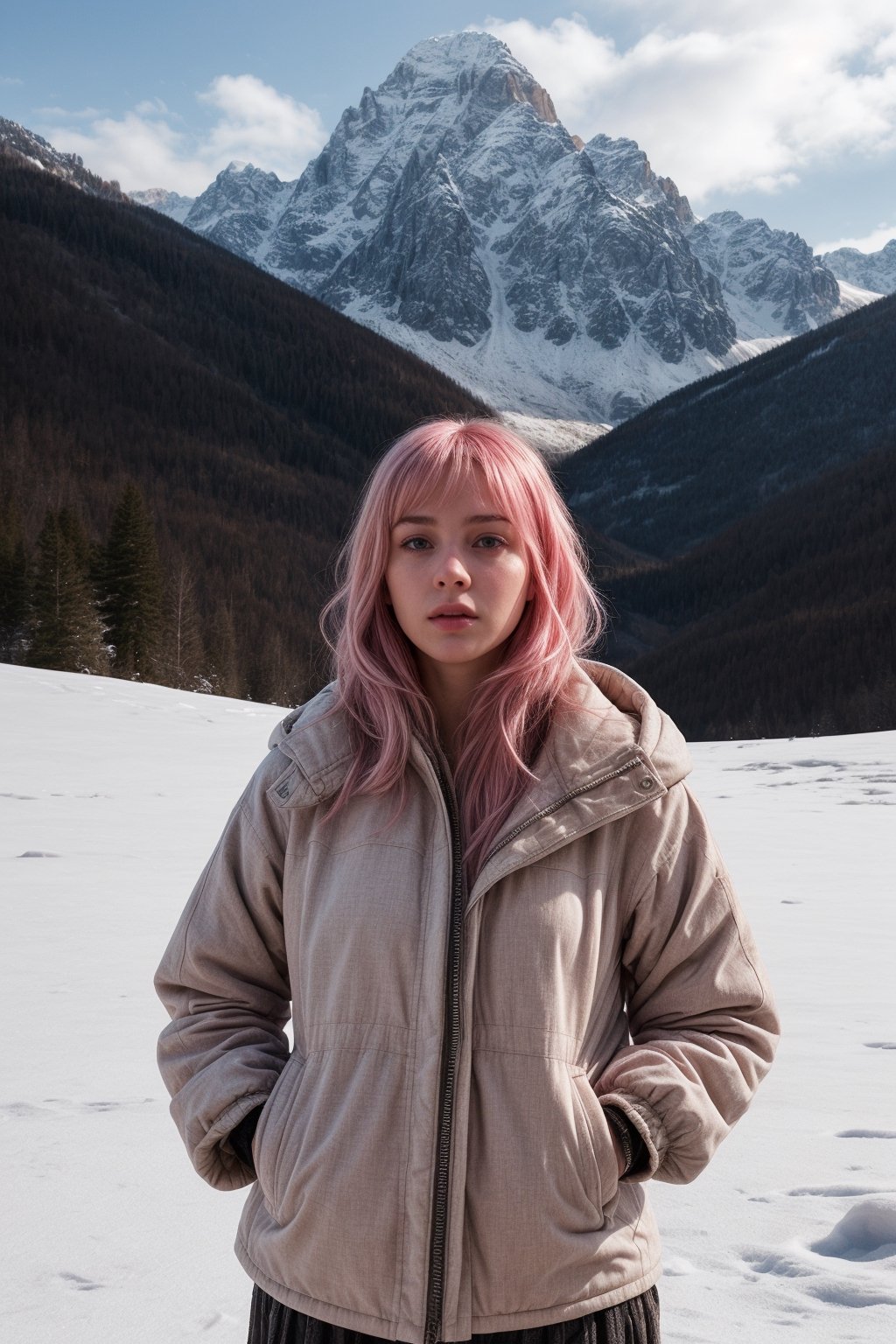 Amidst the pristine beauty of snow-covered mountains, a young woman with an air of quiet confidence poses. Her face, marked by sharp, elegant features, is highlighted by her unusual pink hair, which contrasts vividly with the white snow. She wears a well-tailored jacket that accentuates her slim figure, the classic design of the garment complementing the ruggedness of the environment. Her expression is serious, her gaze fixed on the horizon, suggesting a mind occupied with thoughts beyond the immediate landscape. The jacket, made of a thick, warm material, protects her from the chill of the mountain air, while also adding a touch of sophistication to her appearance. Around her, the mountains rise majestically, their peaks hidden by clouds, creating a sense of awe and wonder that is mirrored in her serene expression.