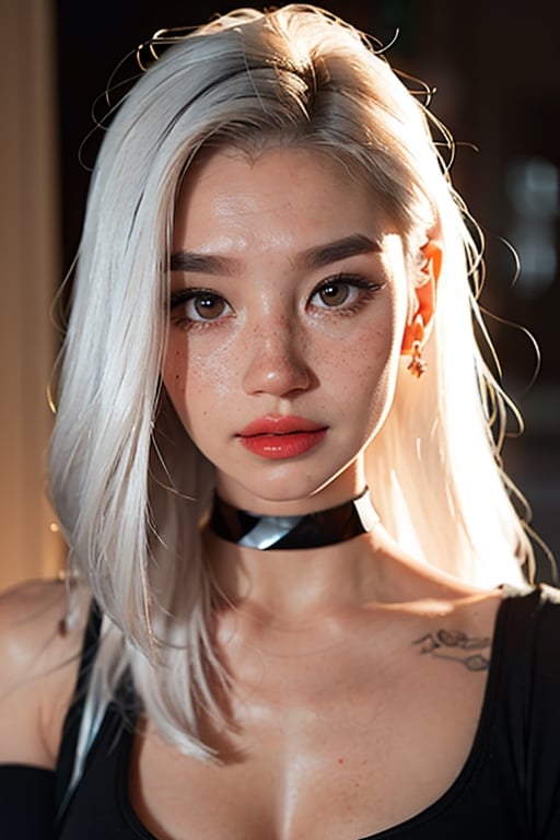sam yang,1girl, backlighting, bare shoulders, black choker, blurry, blurry background, blush, breasts, choker, cleavage, closed mouth, collarbone, earrings, forehead, freckles, hair over shoulder, jewelry, long hair, looking down, pointy nose, red lips, shadow, solo, thick eyebrows, thick eyelashes, upper body shot, wearing yoga pants, white hair, ((masterpiece))