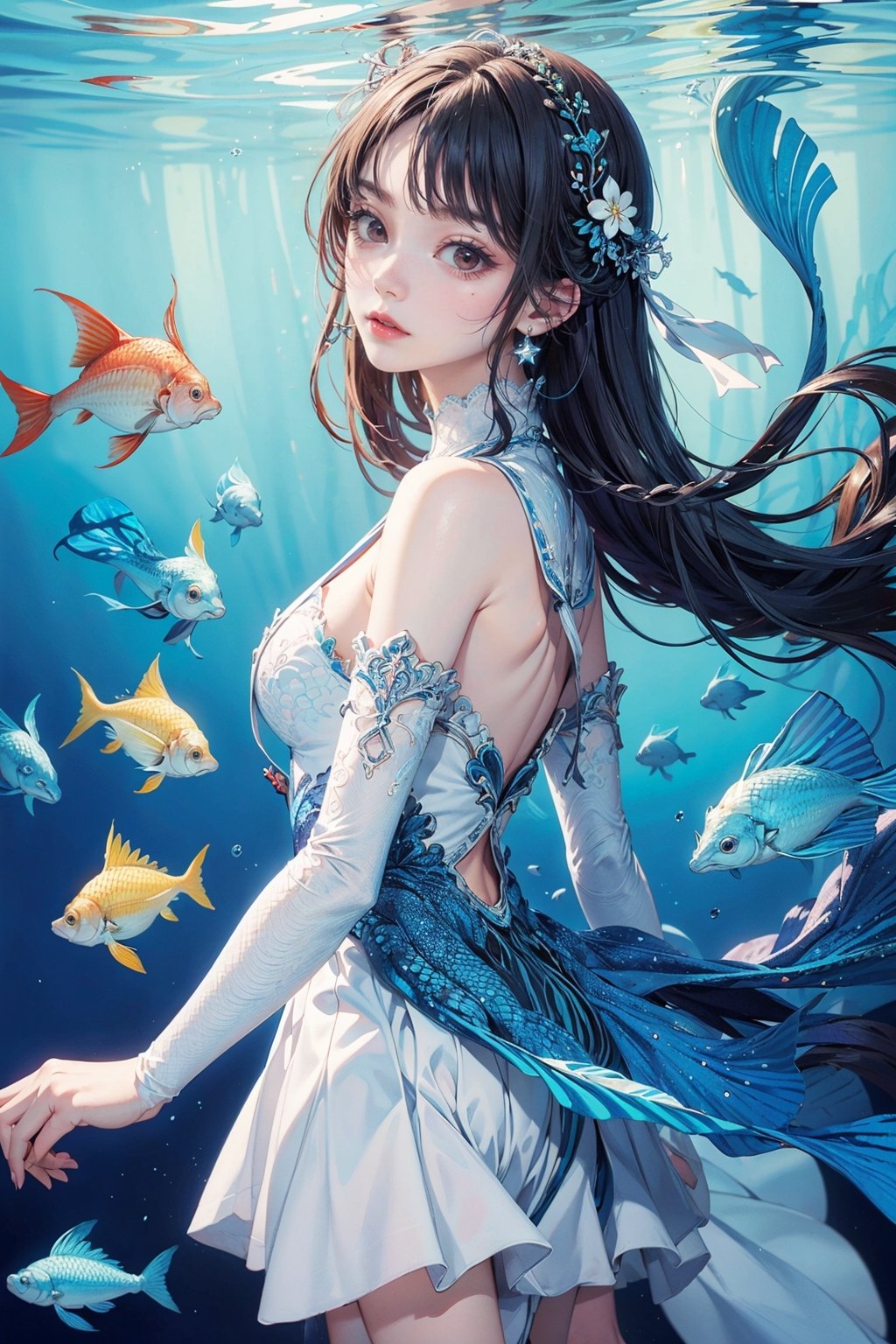 masterpiece, white backhround, beautiful, woman in a blue and white outfit with, fine details, anime, Miho Hirano style, humanoid blue female seahorse, covered with fish scales, Miho Hirano art