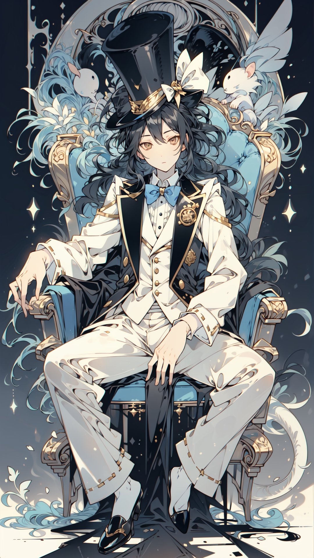 top hat, rat-like humanoid monster, sitting, bowtie, male focus, bow, vest, formal, chair, suit, pants, gloves, buttons