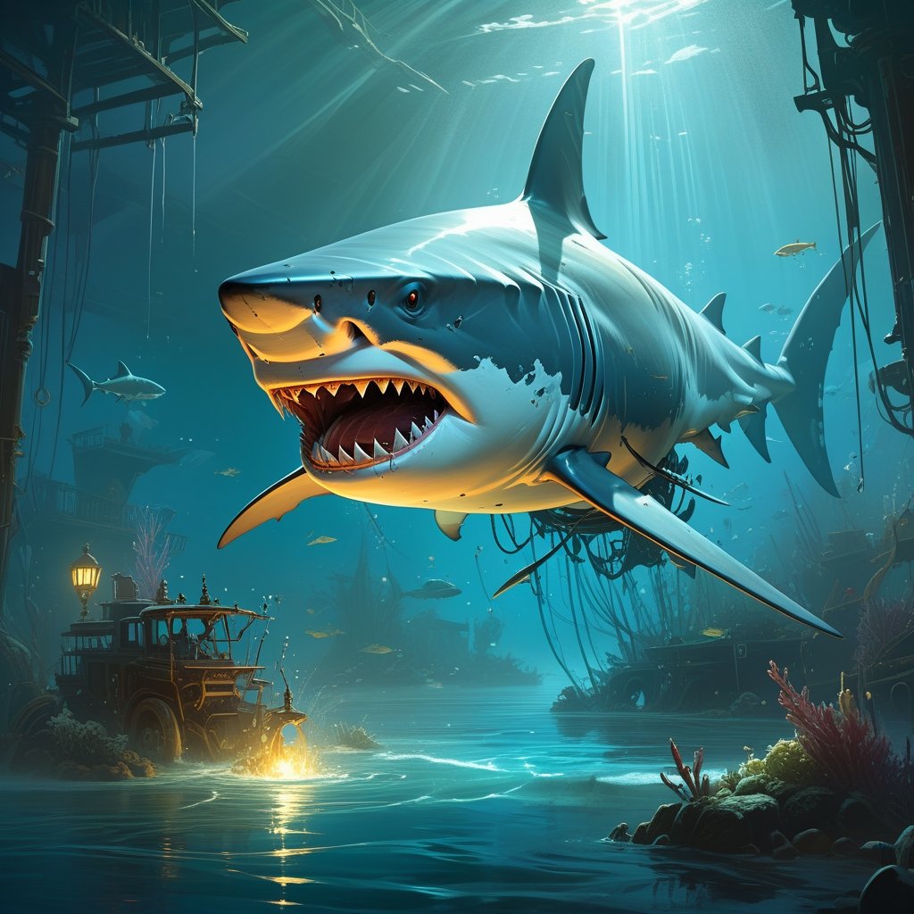 Illustration of a magical undead robot shark, by peter mohrbacher and Pascal Campion, james jean, character design, digital illustration, awesome background, hyperdetailed, uhd, professional concept art, hybrid 2d 4d style, 8k resolution, decora lines, dripping with atmosphere, sparks, illustrative, painting, set underwater