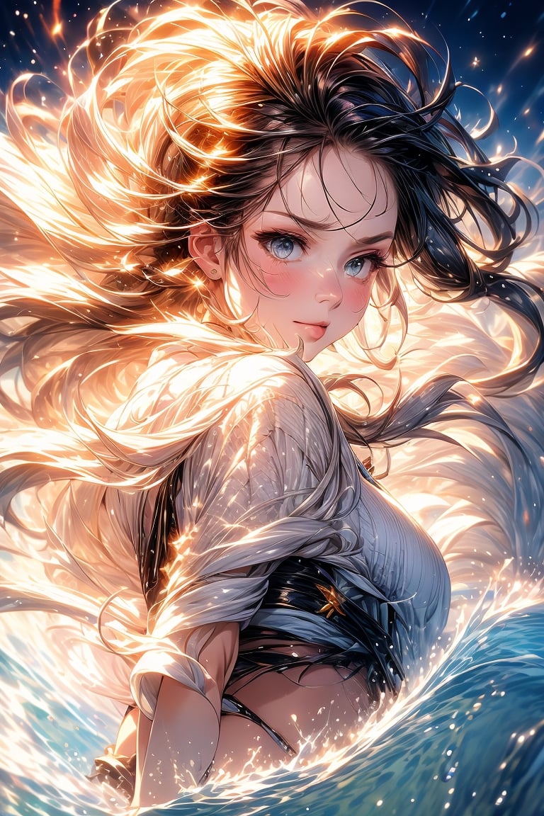 A female protagonist wielding elemental powers, surrounded by swirling winds, raging fire, and crashing waves, illustrating her mastery over the forces of nature