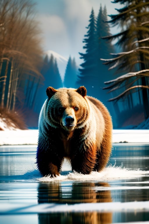 Grizzly, Wald, Fluss, Wasser, Berge, Pflanzen, Vögel fliegen, Fische, Alaska, Winter