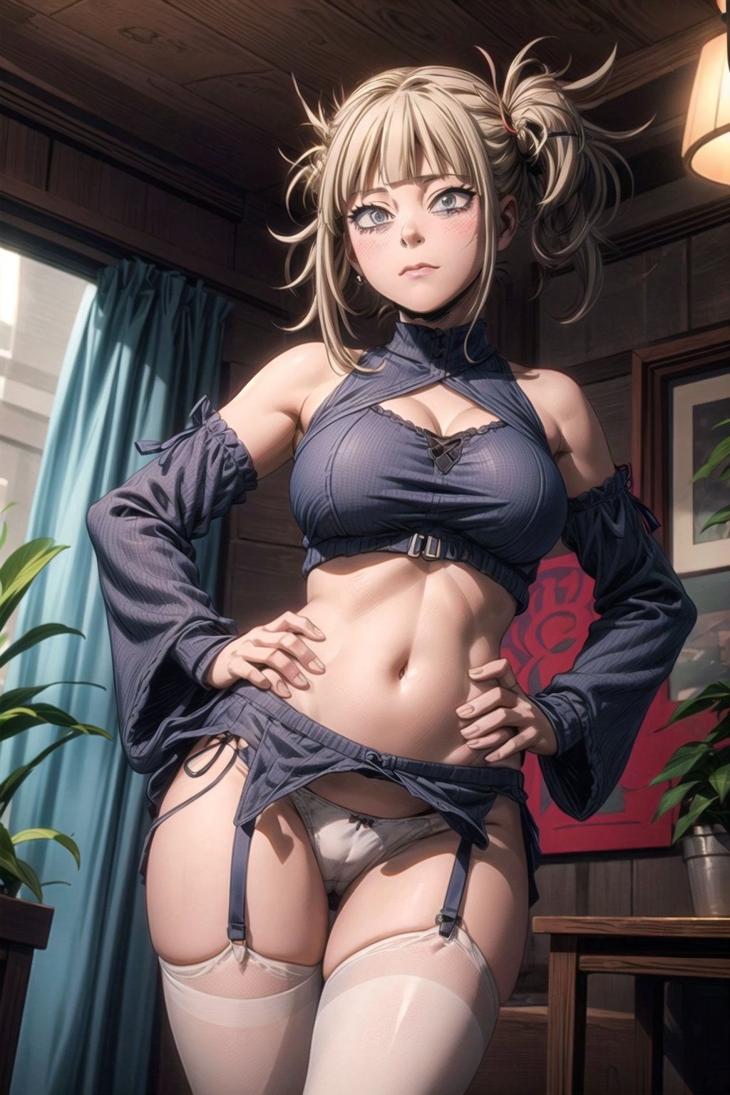 1girl, solo, long hair, huge breasts, cum in boobs, looking at viewer, blush, bangs,, thighhighs, navel, bare shoulders, big breasts, closed mouth, underwear, panties, thighs, cowboy shot, small breasts, detached sleeves, alternate costume, indoors, virtual youtuber, medium hair, stomach, star \(symbol\), white panties, side ponytail, white thighhighs, hand on hip, underboob, garter straps, plant, revealing clothes, highleg panties, potted plant, symbol in eye, star in eye, hoshimachi suisei,uh,  big breasts, huge breasts, cum in boobs,may,HIMIKOTOGANOVA