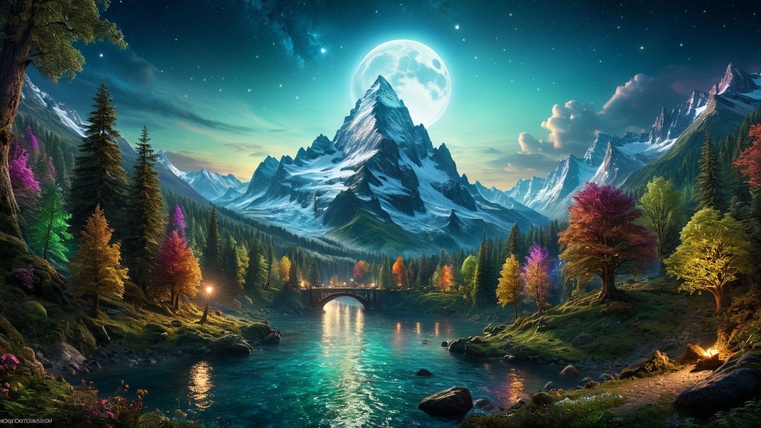 Fantasy, fantastic, a cinematic photo of a large mountain with the sky full moon at night. The river is made up of colourful animal fauna in an enchanted forest and trees are floating around it by Greg Rutkowski, Thomas Kinkade trending on Artstation, CGSociety contest winner, 4K HD image, unreal engine 5. Dark atmospheric lighting!!, ,DonMC3l3st14l3xpl0r3rsXL