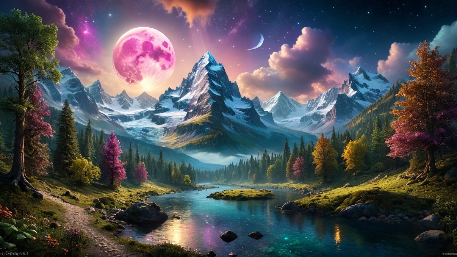 Fantasy, fantastic, a cinematic photo of a large mountain with the sky full moon at night. The river is made up of colourful animal fauna in an enchanted forest and trees are floating around it by Greg Rutkowski, Thomas Kinkade trending on Artstation, CGSociety contest winner, 4K HD image, unreal engine 5. Dark atmospheric lighting!!, ,DonMC3l3st14l3xpl0r3rsXL