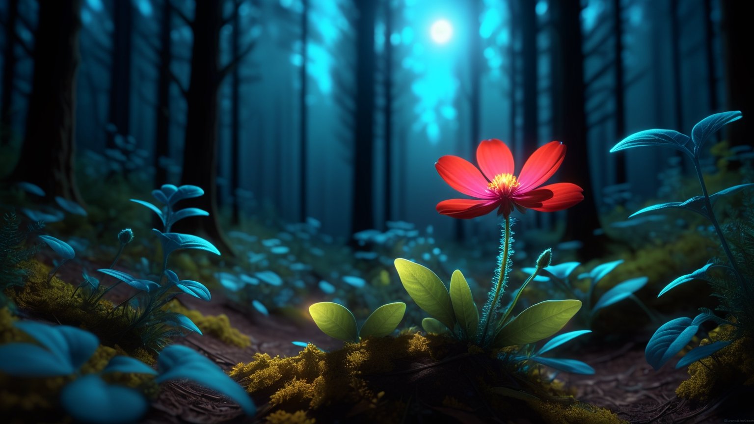bioluminescent red flower,fabulous night forest,magical radiance,Concept art,depth of field,Raw photo,realistic,cinematic lighting,soft shadows,sharp focus,fractal,colorful,depth of field,best quality,16k resolution,vivid colors,volumetric lighting,,detailmaster2, cinematic moviemaker style