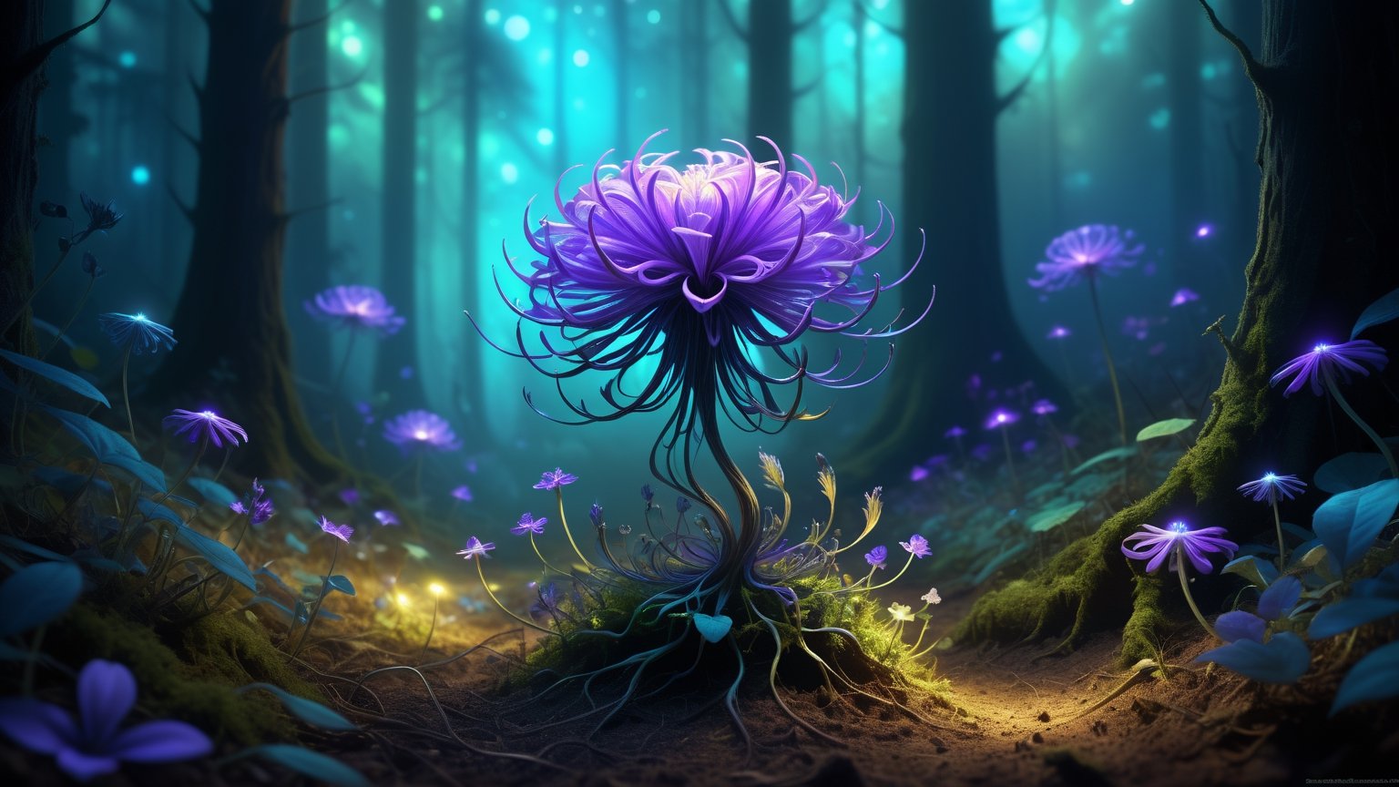 ,letitflrsh,(Flourish:1.2),
bioluminescent purple flower, evil flowers blooming from ground,extremely beautiful,fabulous night forest,magical radiance,Concept art,depth of field,Raw photo,cinematic lighting,soft shadows,sharp focus,fractal,colorful,depth of field,best quality,16k resolution,vivid colors,volumetric lighting,aesthetic,intricate,psychedelic,hallucinogenic,DMT,by Anne Bachelier,