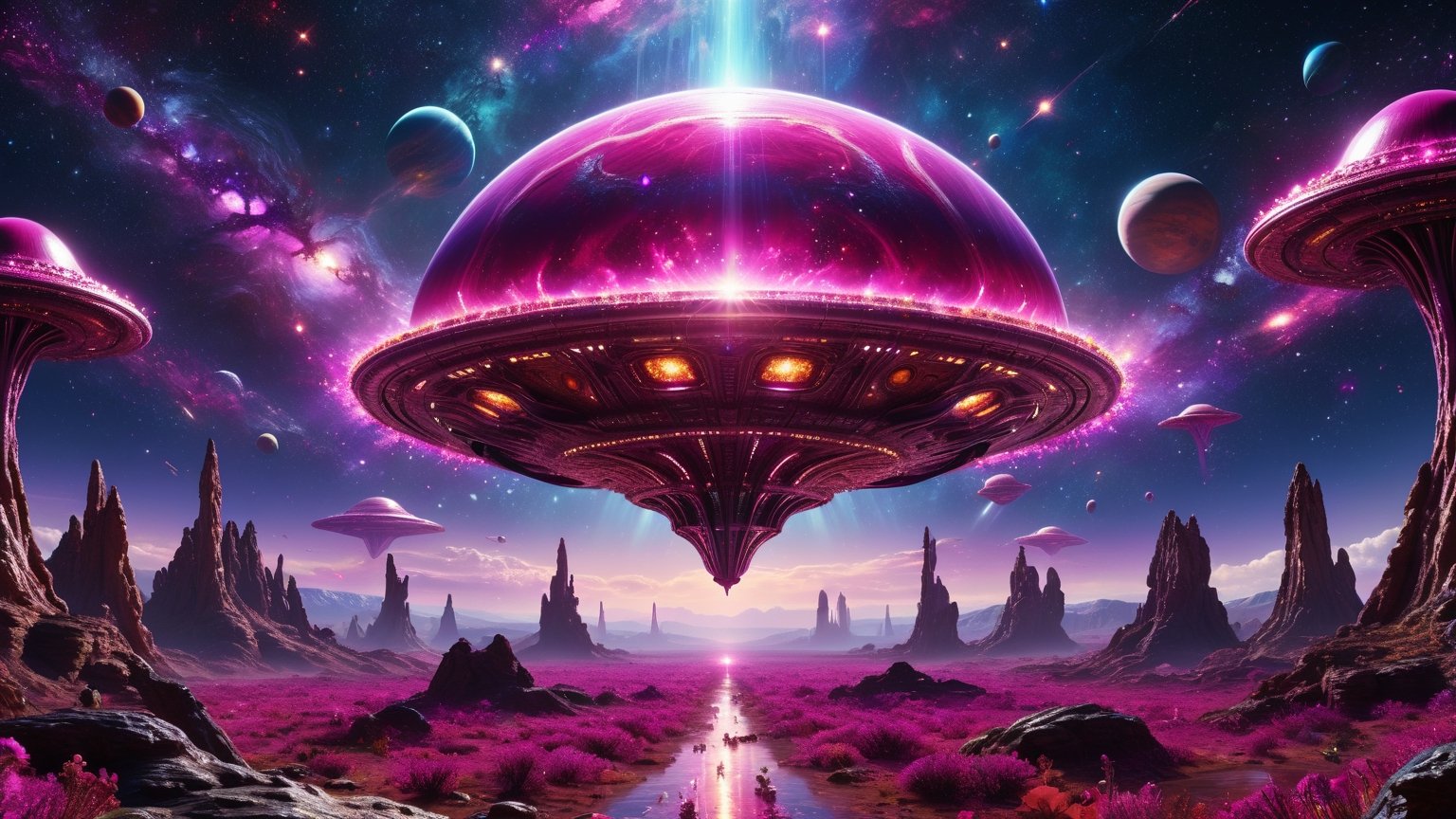 ultra realistic 8k cg, flawless, clean, masterpiece, professional artwork, famous artwork, cinematic lighting, cinematic bloom,  abstract and colorful style, magenta and purple, background focus,,  vast galaxy, cosmic energy, alien planet, alien ship, colorful splashes,(((monolithic))), deep space, floating, ((no characters)),  artwork in 8 style drawn inside graphic illustration studio quality hdr in unreal engine and octane realistic 8, dramatic deep style, glitter,shiny,glitter