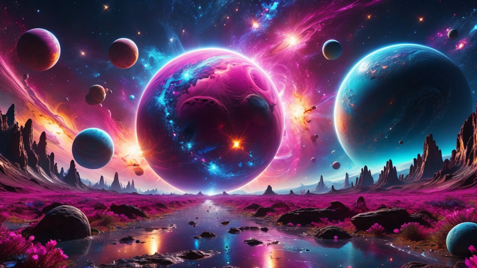 ultra realistic 8k cg, flawless, clean, masterpiece, professional artwork, famous artwork, cinematic lighting, cinematic bloom,  abstract and colorful style, magenta and blue, background focus,,  vast galaxy, cosmic energy, two alien planets, colorful splashes,(((monolithic))), deep space, floating, ((no characters)),  artwork in 8 style drawn inside graphic illustration studio quality hdr in unreal engine and octane realistic 8, dramatic deep style, glitter,shiny,glitter