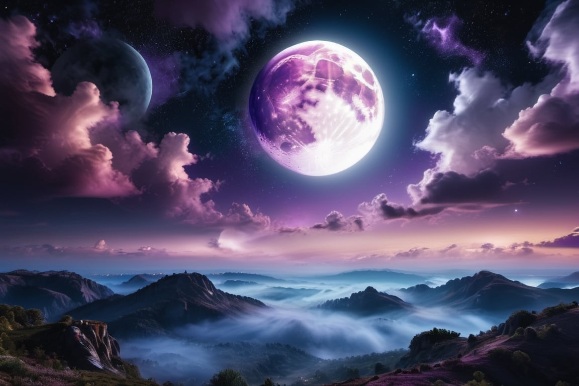 professional photography, abstract purple night sky with clouds background, moon,
