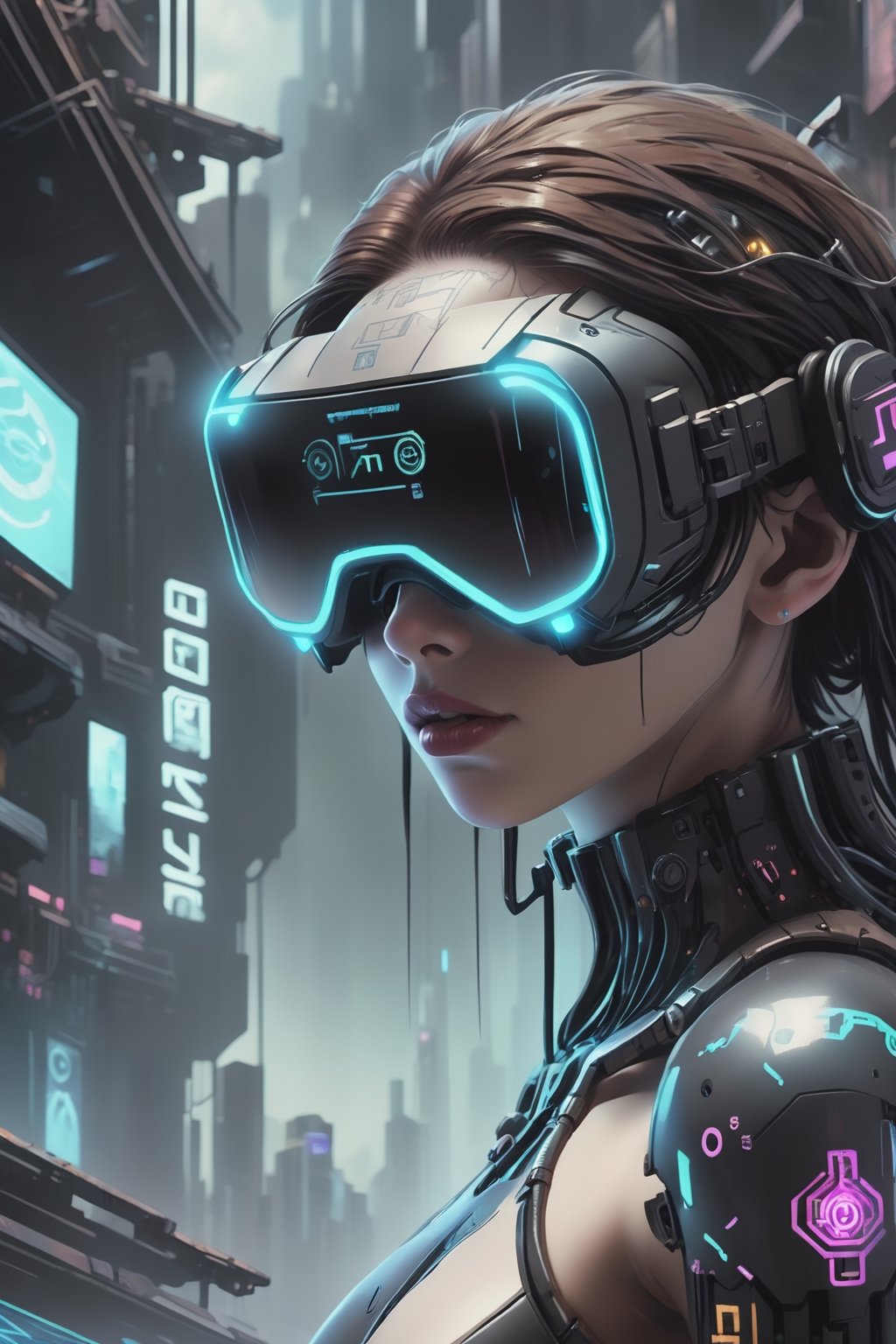 Illustration of a cyberpunk suit woman in a virtual reality setting, surrounded by holographic code, futuristic UI, and virtual landscapes, Surreal Cyberpunk Art Style, Influenced by Deviantart and Ghost in the Shell anime, Camera: POV, Lens: Augmented Reality Lens, Render Style: Isometric Assets, 4K resolution, (((Cyberpunk)))

,DonM0ccul7Ru57XL,cyborg style