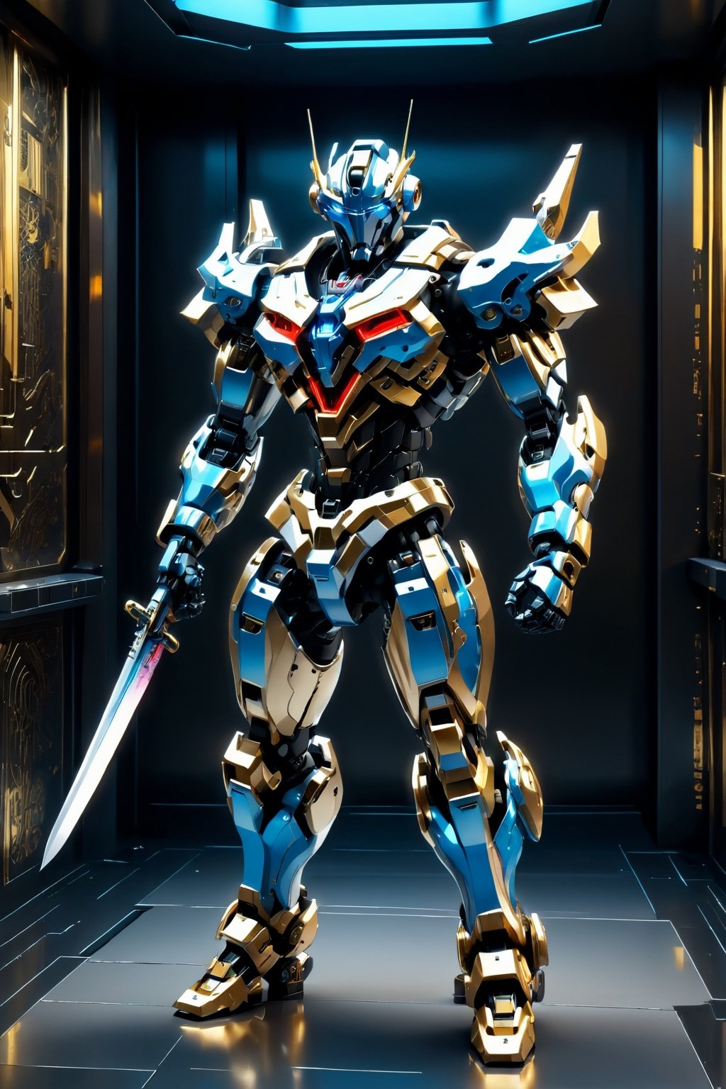 Mecha with sword,gun and with color red gold blue,blue ligth motif cyberpunk model,Futuristic room,Leonardo Style, ,c1bo