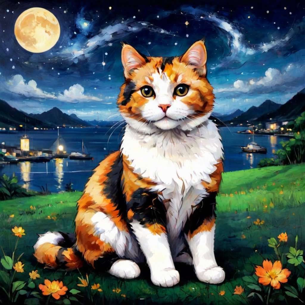 ((Little Ghost:1.5)Oil painting, heavy texture, the background is Taiwan's harbor at night, the sky is full of stars, the Milky Way and the obvious Leo constellation can be seen in the sky. The Leo constellation is composed of line segments. A calico cat. Sitting on the grass, short and quick strokes, wavy or spiral strokes, arc strokes, rough and intense strokes, super thick paint, to enhance calico cat's oil painting feel, the color is dull, calico cat accounts for The picture is in a small position. Complex background. Masterpiece