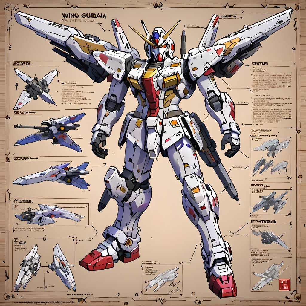 Detailed assembly instructions, written instructions, arrows and sketches for the    Wing Gundam Zero   on the board