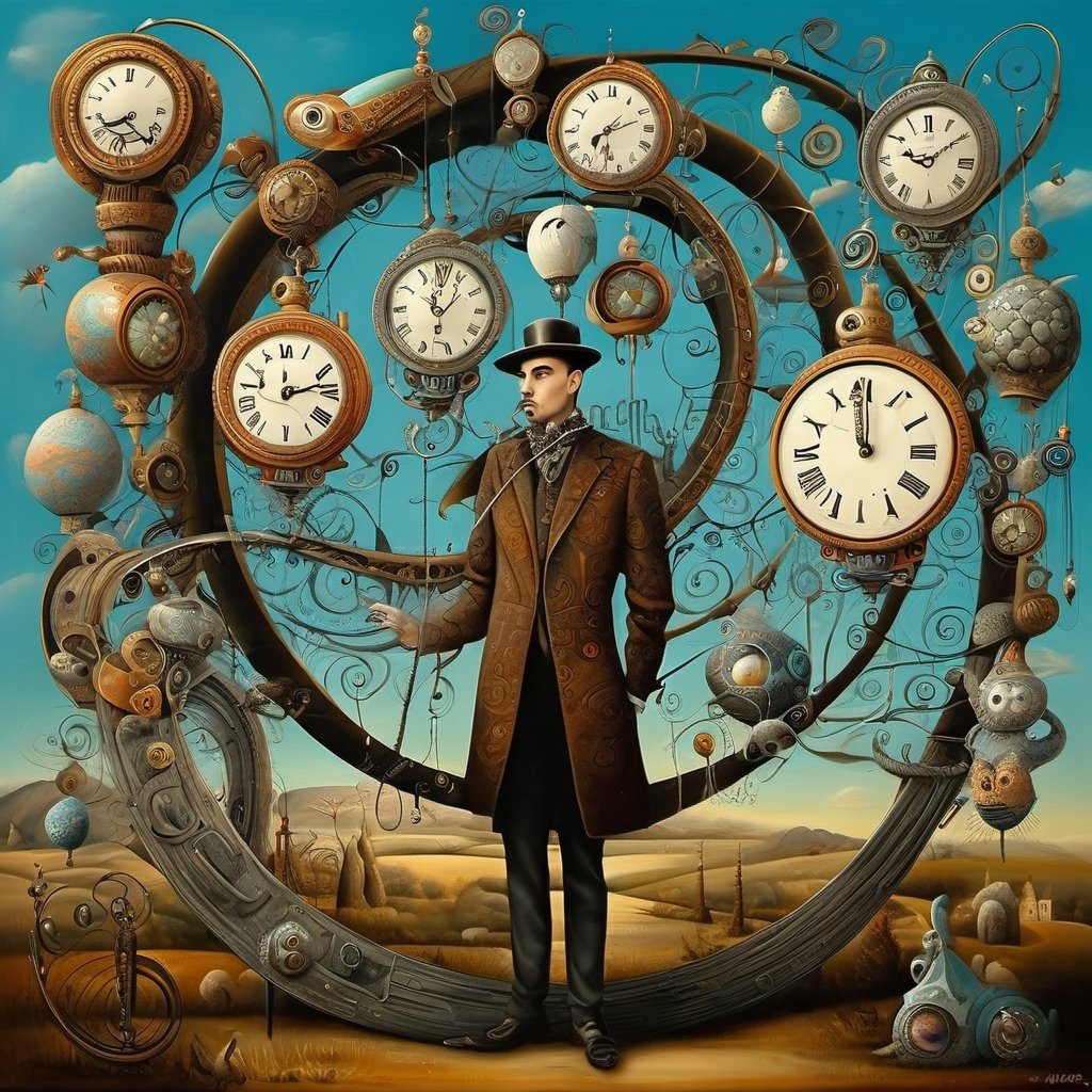 Neo-surrealism, whimsical art, fantasy, magical realism, bizarre art, pop-surrealism, inspired by Remedios Val. Depicts multiple twisted clocks and a bound man. full shot.