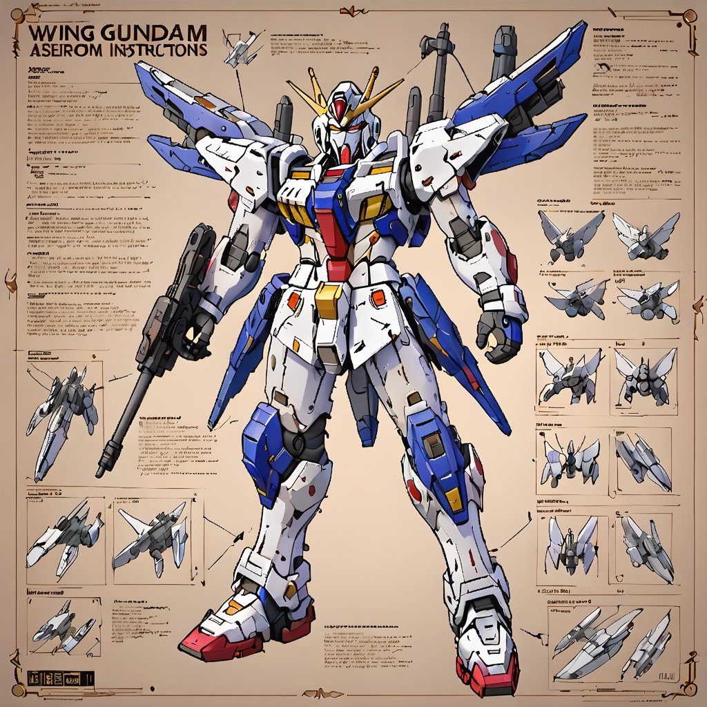 Detailed assembly instructions, written instructions, arrows and sketches for the    Wing Gundam Zero   on the board