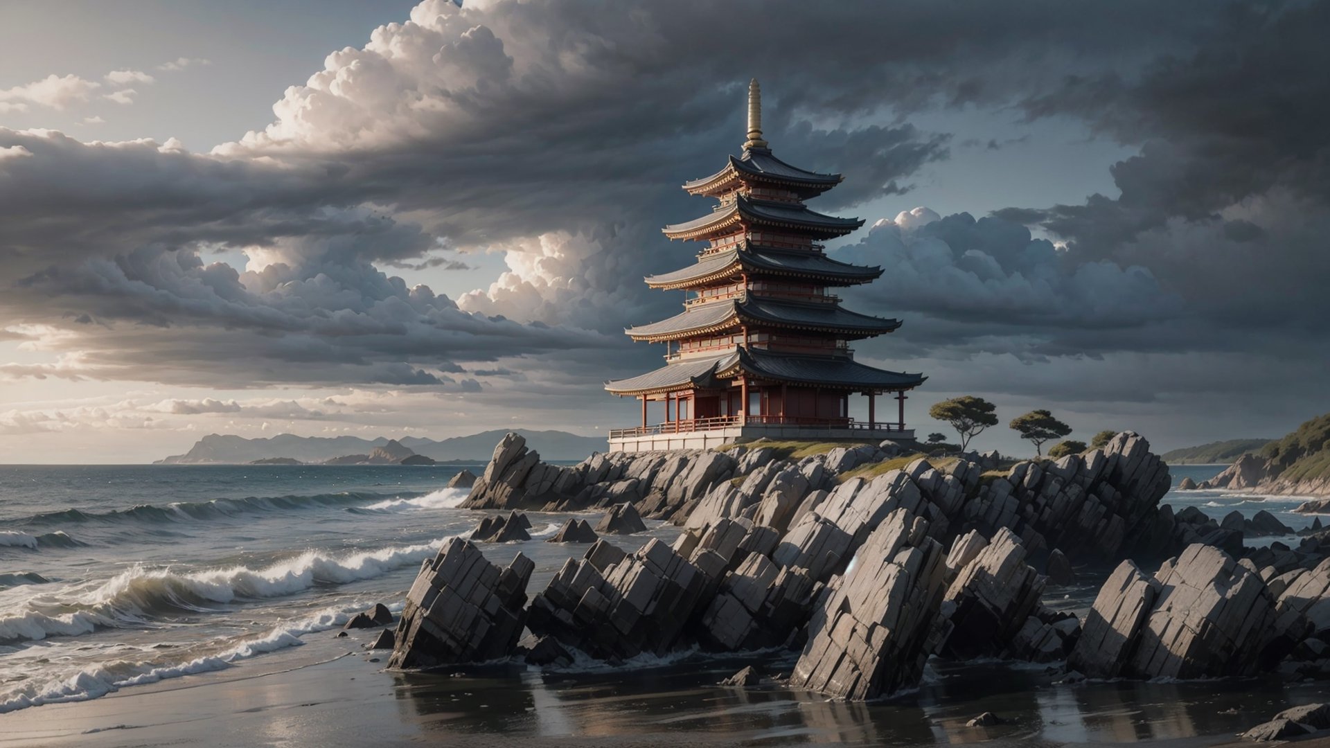 Fotorealistic close-up of a yellow ornated pagoda having grey roofs that stands on the shore of a cold sea in the far north, dominated by a huge gray rock, even the sky is gray and cloudy. Raw photo, highly detailed,japanese art