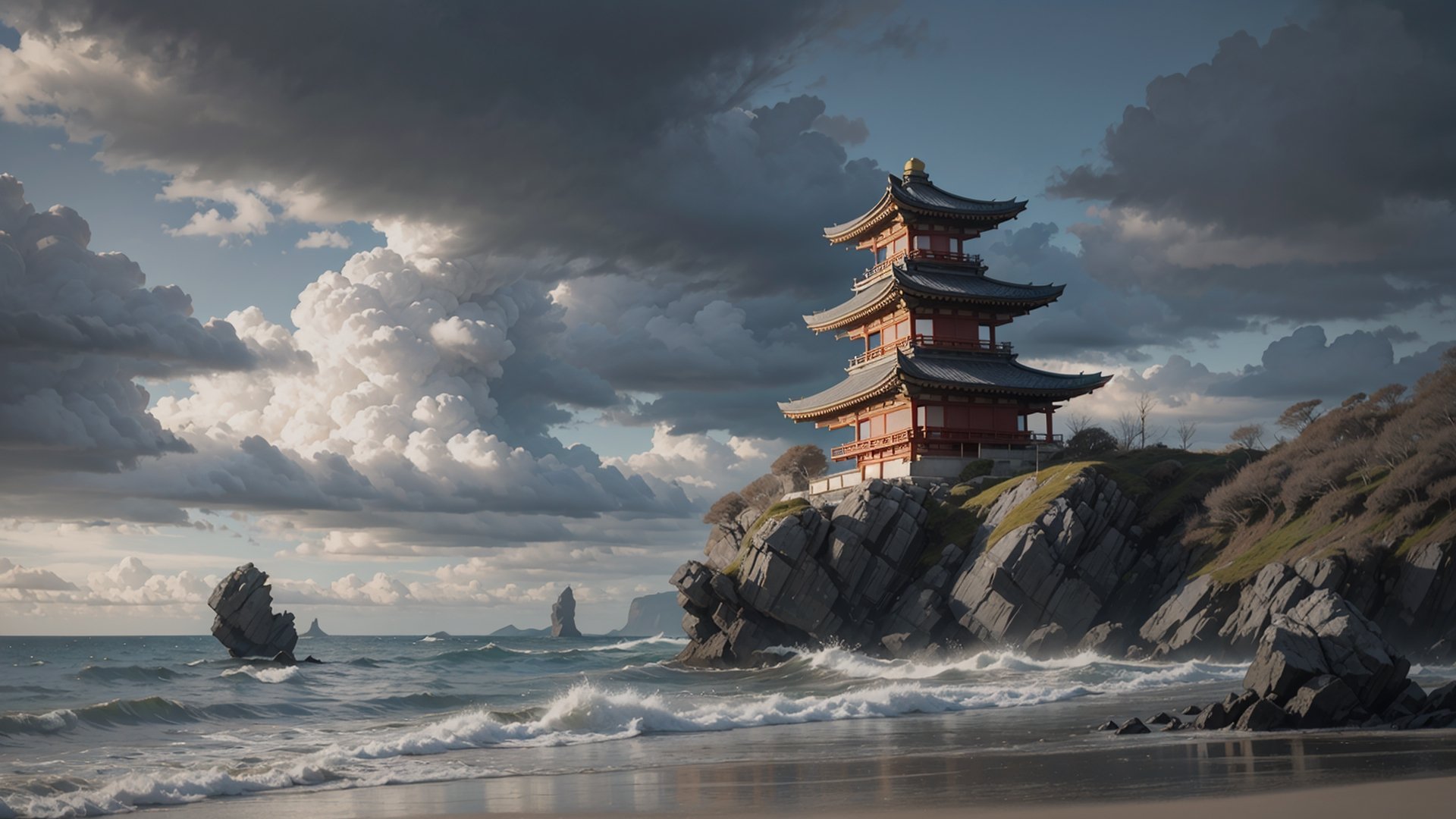 Fotorealistic close-up of a yellow ornated pagoda having grey roofs that stands on the shore of a cold sea in the far north, dominated by a huge gray rock, even the sky is gray and cloudy. Raw photo, highly detailed,japanese art