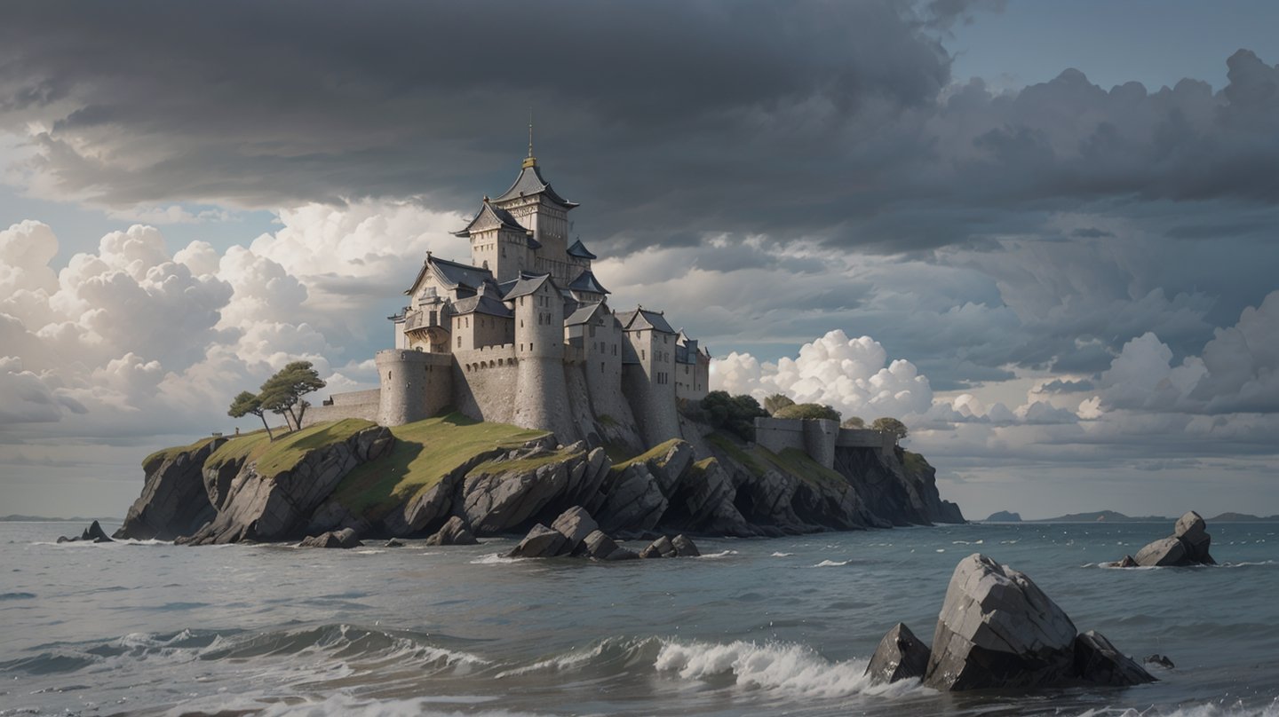 Fotorealistic close-up of a yellow ornated castle having grey roofs that stands on the shore of a cold sea in the far north, dominated by a huge gray rock, even the sky is gray and cloudy. Raw photo, highly detailed,japanese art