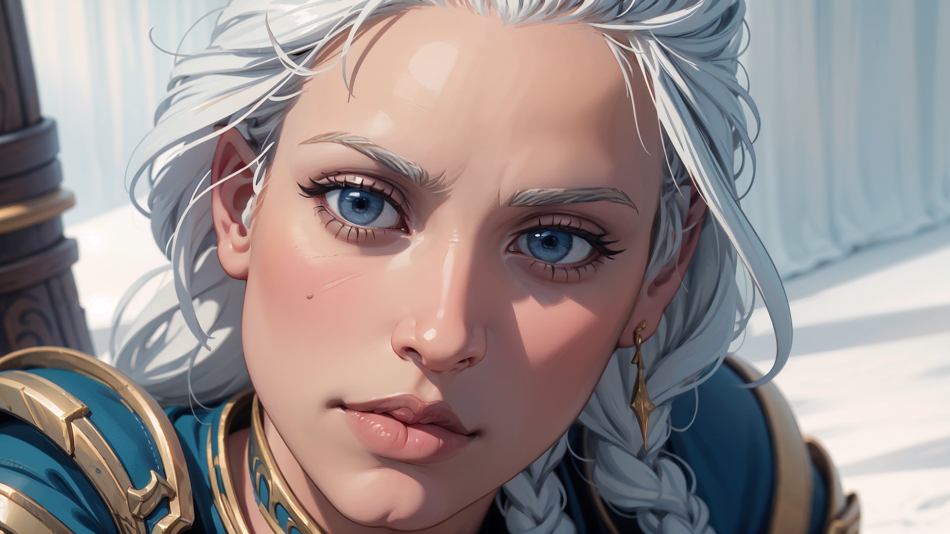 ULTRARELISTIC BEAUTIFUL jaina proudmoore, perky breasts, highly detailed, detailed face, beautiful hands, realistic, highest quality
 sexy position , unclad battle armor,  , Extremely realistic, photorealistic ,,Extremely Realistic,photorealistic, ,JainaProudmoore,white hair