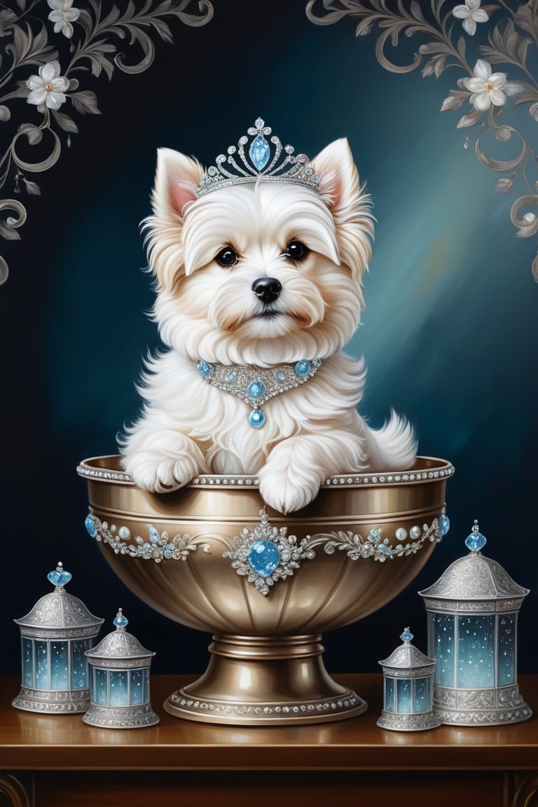 A whimsical and luxurious painting featuring a fluffy white cute dog, adorned with a delicate tiara, nestled within an elegant silver-colored, round container. The container is intricately patterned and adorned with embedded crystals, creating a sense of opulence. The cute dog's luxurious lifestyle is further emphasized by the scattered pearls on the wooden surface beneath the container. The dark background highlights the luminosity of the cute dog and the container, making them the center of attention in this fantastical scene., painting