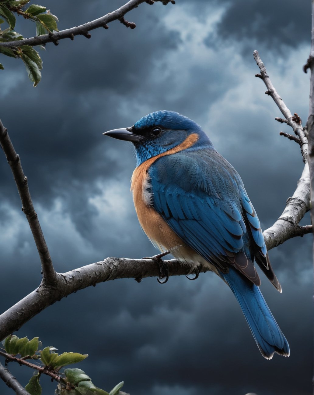 A bird, in a branch, blue and black bird, trees, dark sky, cloudy, ( realistic, best quality, highres, 8k, UHD, high detailed )