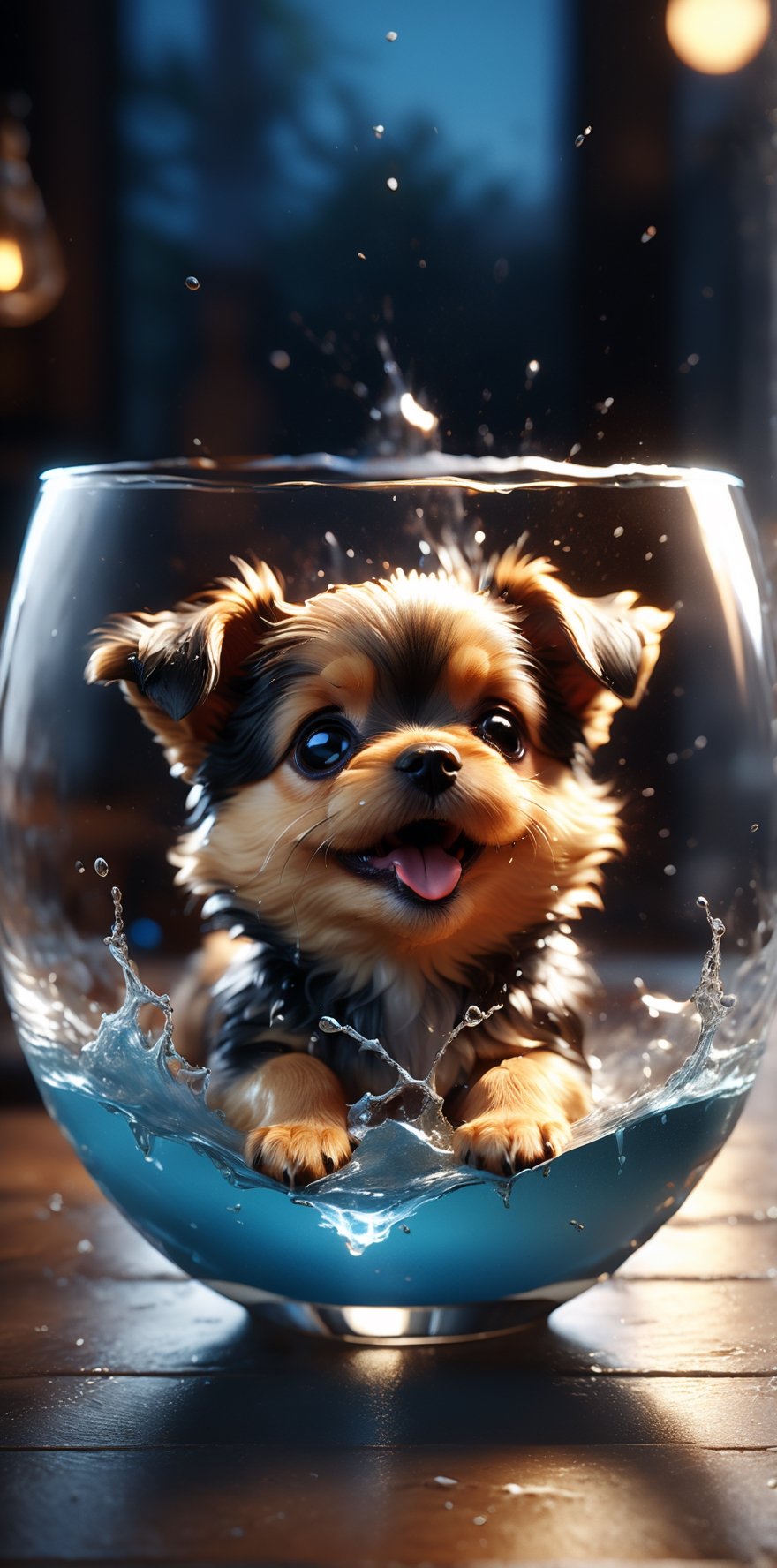 Ultra realistic illustration. Macro view,water explosion on a glass BREAK scattering of water particles as flow of electricity BREAK a small cute doggy is inside the glass.amazing details, perfect lighting and  reflections,unreal engine 5, RTX on,ultra HD, 8k, intricate, masterpiece