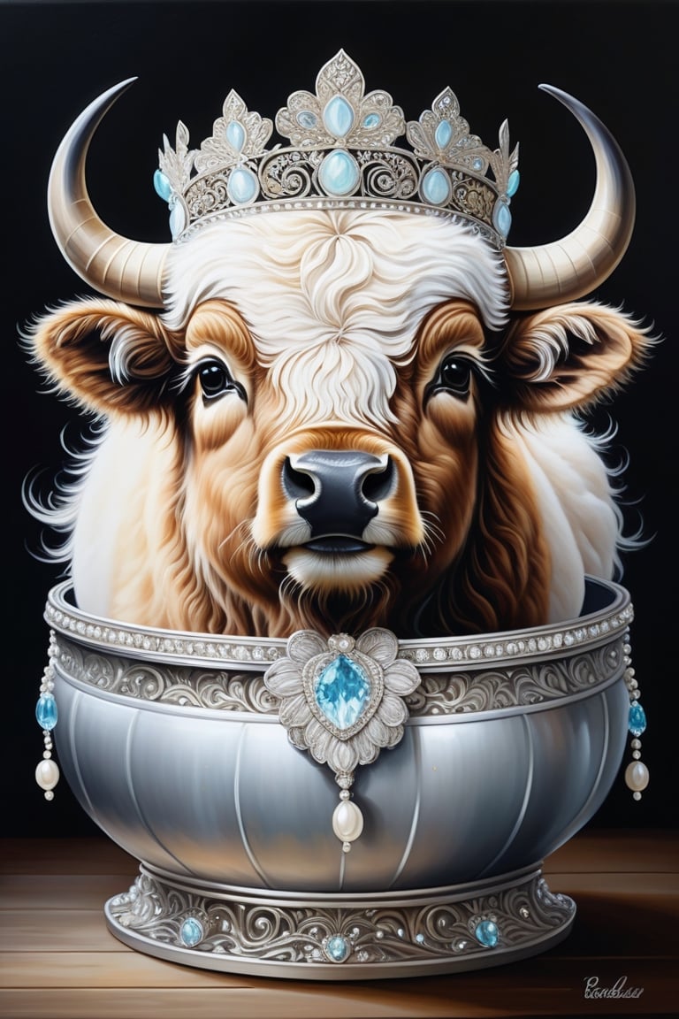 A whimsical and luxurious painting featuring a fluffy white cute baby buffalo, adorned with a delicate tiara, nestled within an elegant silver-colored, round container. The container is intricately patterned and adorned with embedded crystals, creating a sense of opulence. The cute baby buffalo's luxurious lifestyle is further emphasized by the scattered pearls on the wooden surface beneath the container. The dark background highlights the luminosity of the cute baby buffalo and the container, making them the center of attention in this fantastical scene., painting