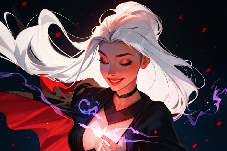 a gorgeous sorceress smilig with a wonderfull dark dress, her hairs are floating up, white hairs, hairs are glowing strong, sam yang, 