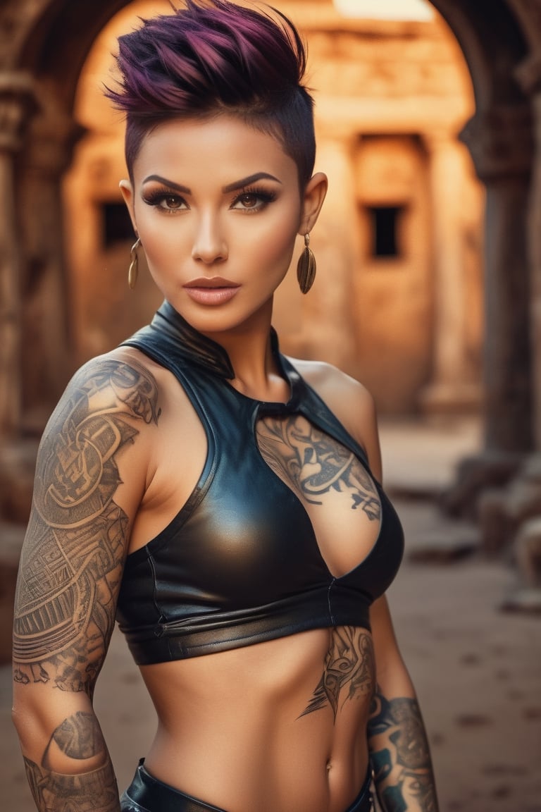 Glamour photography,  of nude athletic futuristic female tattooed punk fighter, big bust, pixie cur hair, detailed vivid face, bronze rustic filter effect, toned physique, brown eyes, tan skin, divine complexion, dark hair, revealed body, ethnic fabric, thin waist, ancient ruins background, detailed texture, cinematic focus, digital art style, master shot with Fujicolor Superia X-TRA 400, 50mm portrait lens in style of Miko Lagerstedt, studio lightning,photorealistic