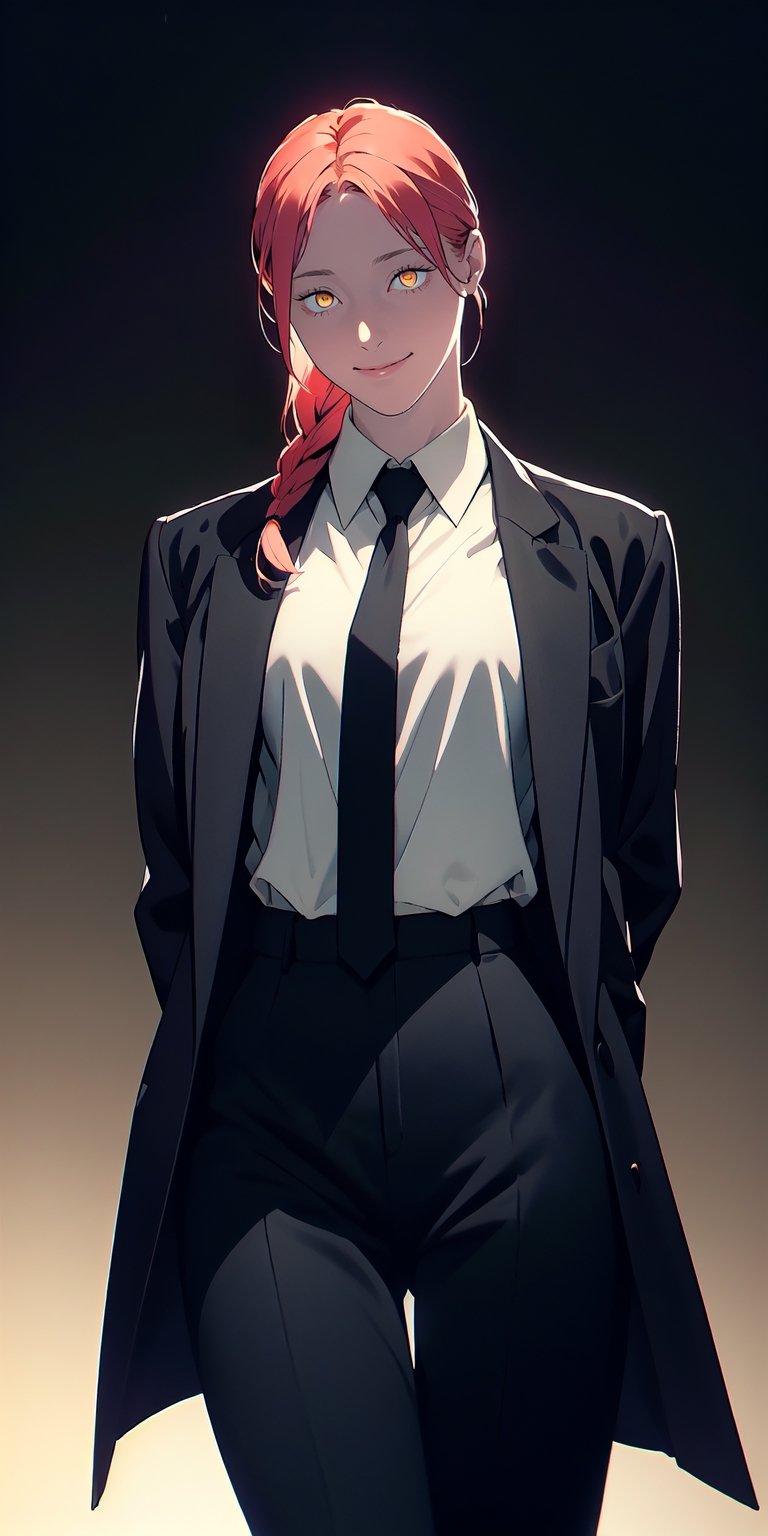  makima, long braided ponytail, ringed eyes,medium breasts, red hair, yellow eyes, collared shirt, black necktie, black pants, black coat, cowboy shot, facing viewer, hands behind back, dark background, blood on shirt, light smile, glowing eyes,  wide eyes, darkness, silhouette,