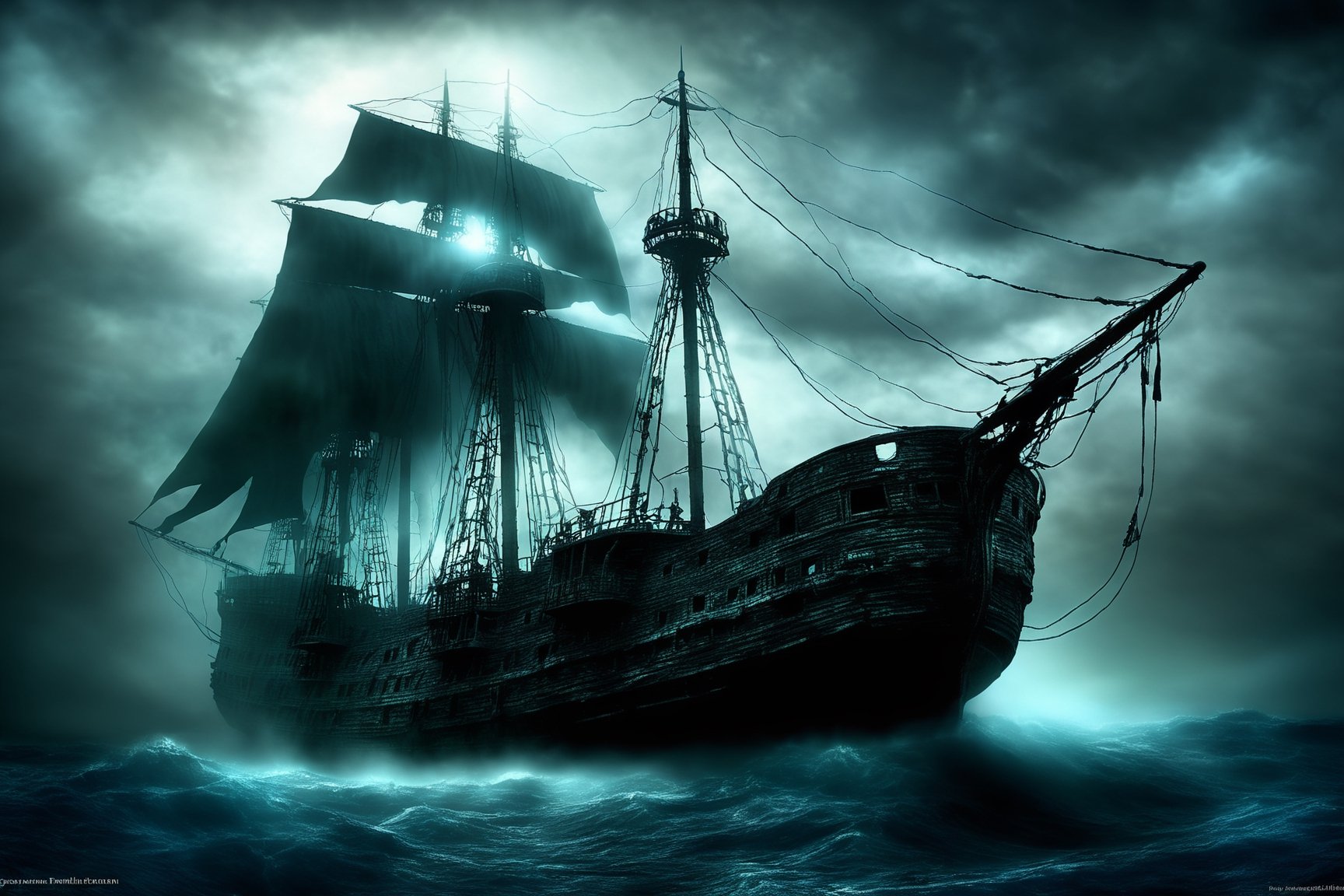 The barco fantasma, a phantom ship that has haunted the seas for centuries, materializes before you in a burst of spectral energy. Its ethereal appearance and eerie aura make it a sight to behold, but beware - for those who dare to board may never return.,more detail XL,LegendDarkFantasy,DonMn1ghtm4reXL,greg rutkowski