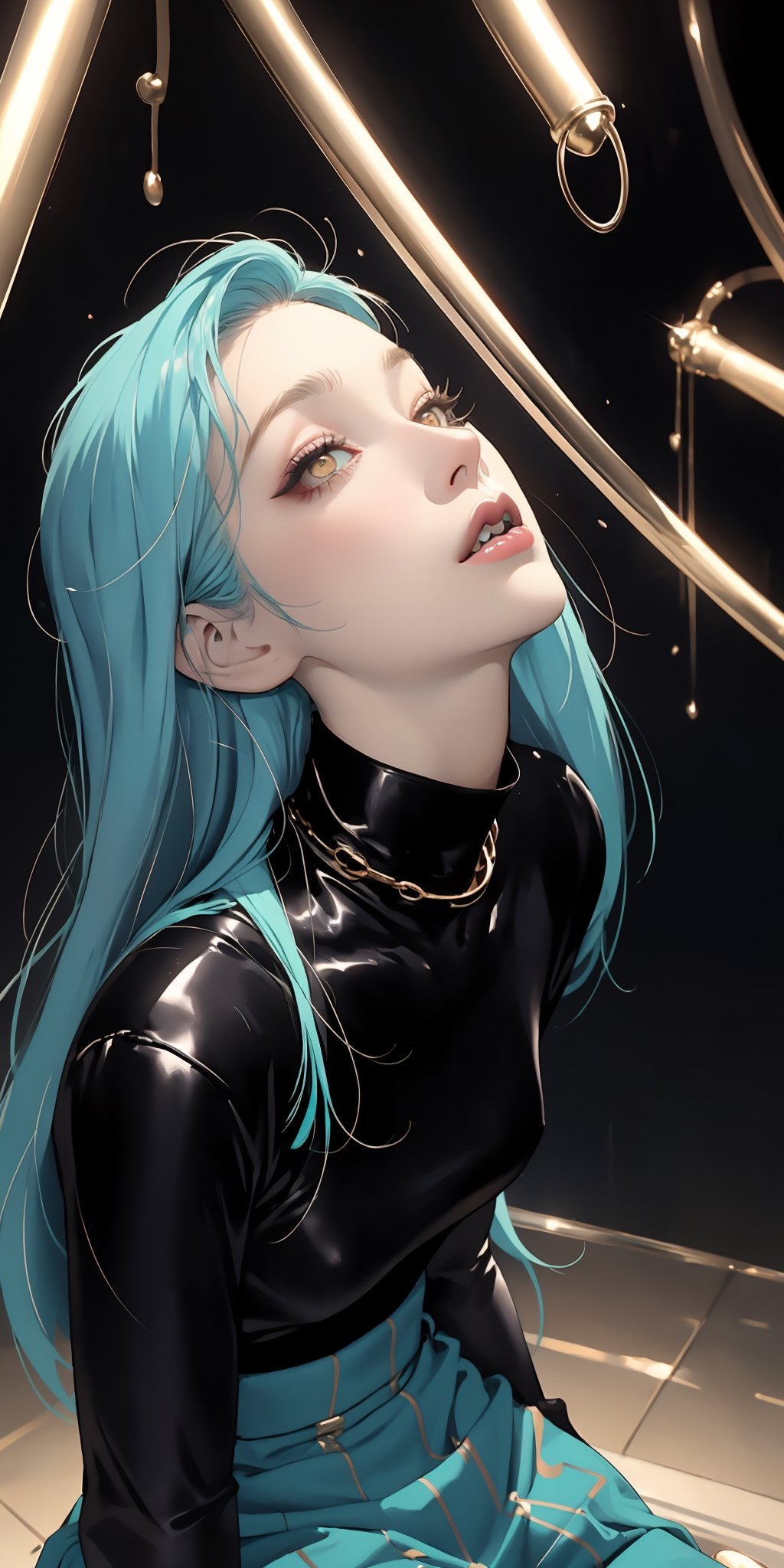 score_9,score_8_up,score_7_up,score_6_up,score_5_up,score_4_up rating_safe, looking up, surprised, gold eyes, turquoise hair, giantess, collar, turtleneck,kilt, black lips,  Vintage, 1990s \(style\)