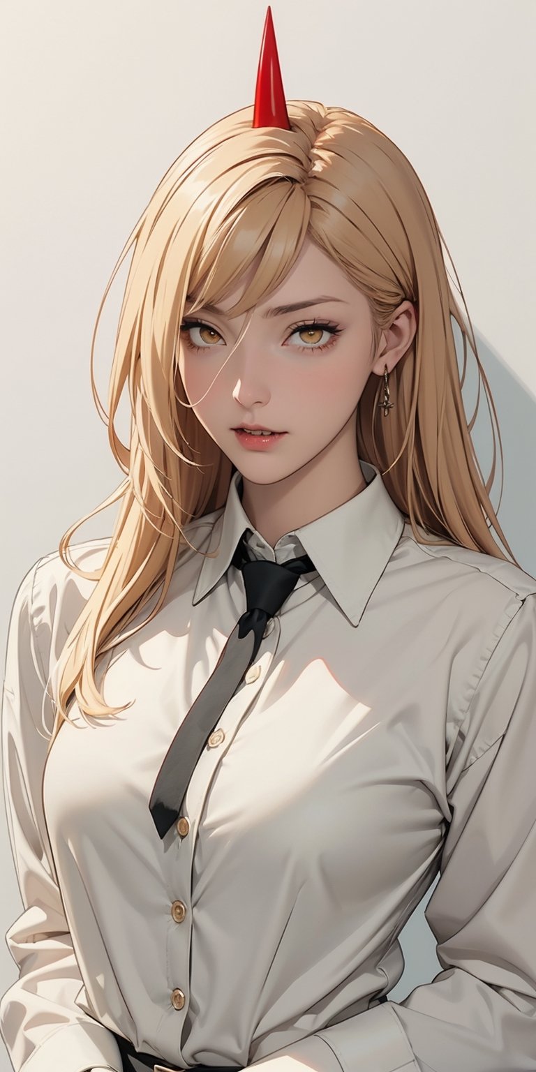 (best quality), (masterpiece), (solo), 1girl, full body in picture, anime-like style, power_csm, blonde hair, yellow eyes, cross-shaped pupils, symbol-shaped pupils, red horns, sharp teeth, smug, white buttoned shirt, black necktie