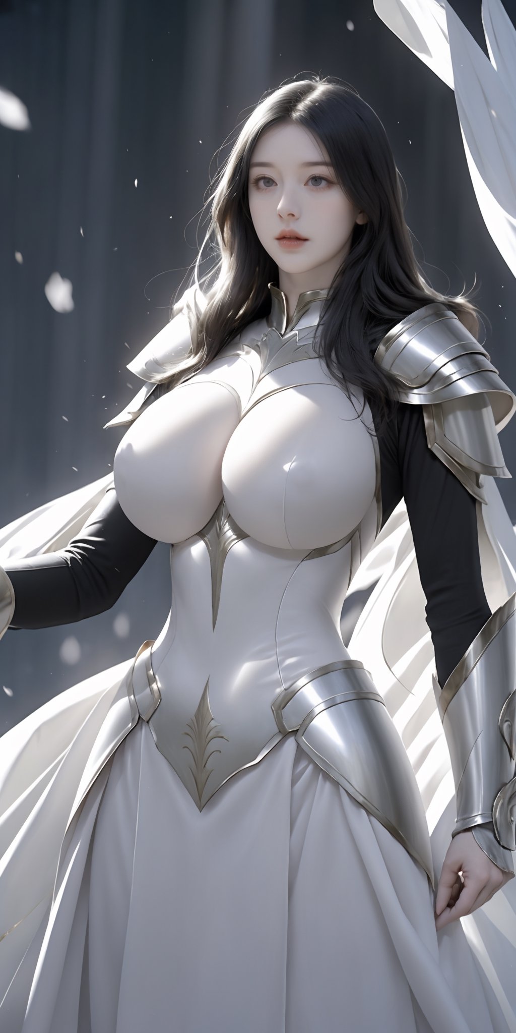 a beautiful woman, wearing armor,huge breasts,showing breasts,Saint Seiya style, holding the helmet, in her hands, white skin, short black hair, black eyes, the armor outlines her body